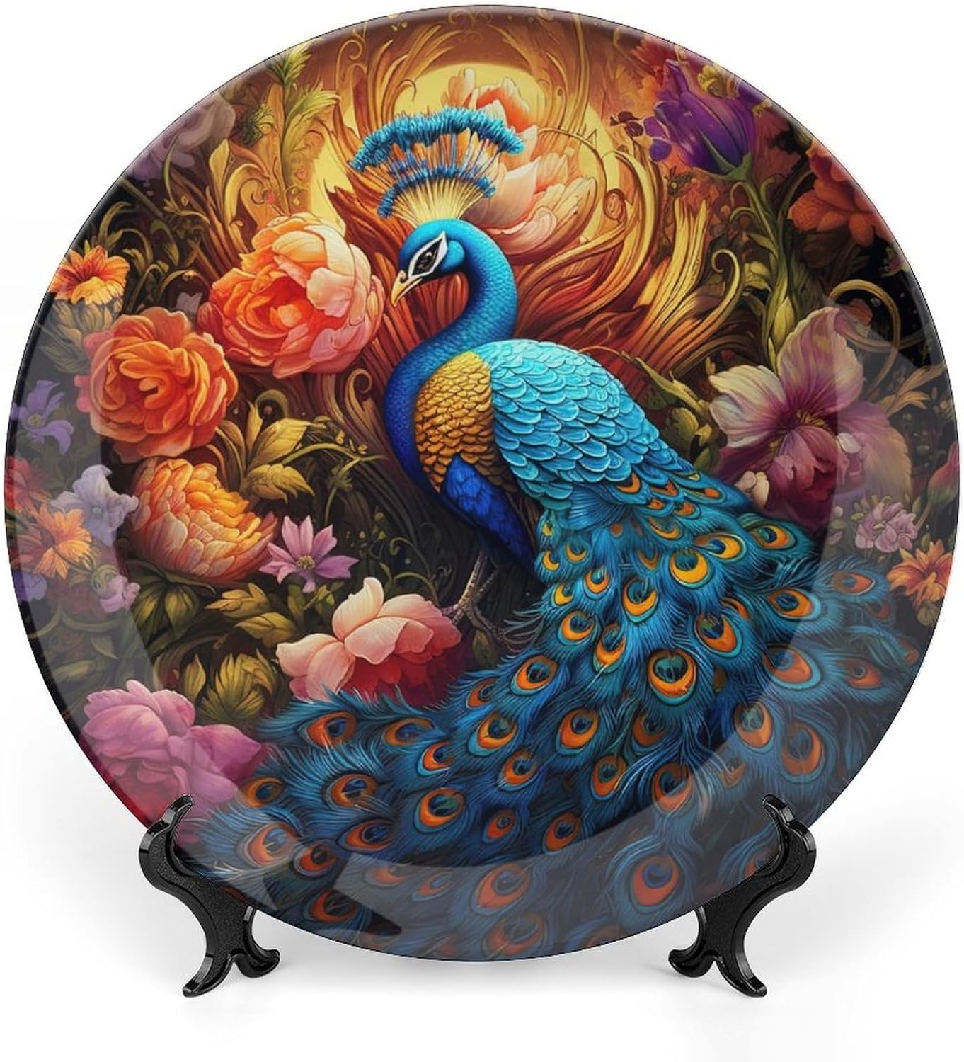Peacock Ceramic Decorative Plate, Peafowl Decorative Dish with Stand, Elegant Animal Bone China Decorative Plates Art Porcelain Plate for Living Room Hallway Table Decor
