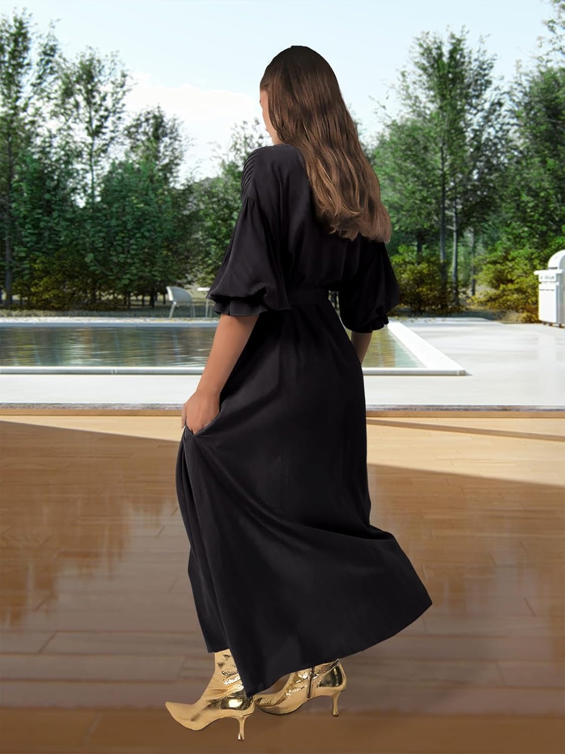 Paintcolors Women's Long Sleeve Maxi Dress Casual Button Down V Neck Flowy Belted Tie Waist A-Line Loose Shirt Swing Dresses - Image 2