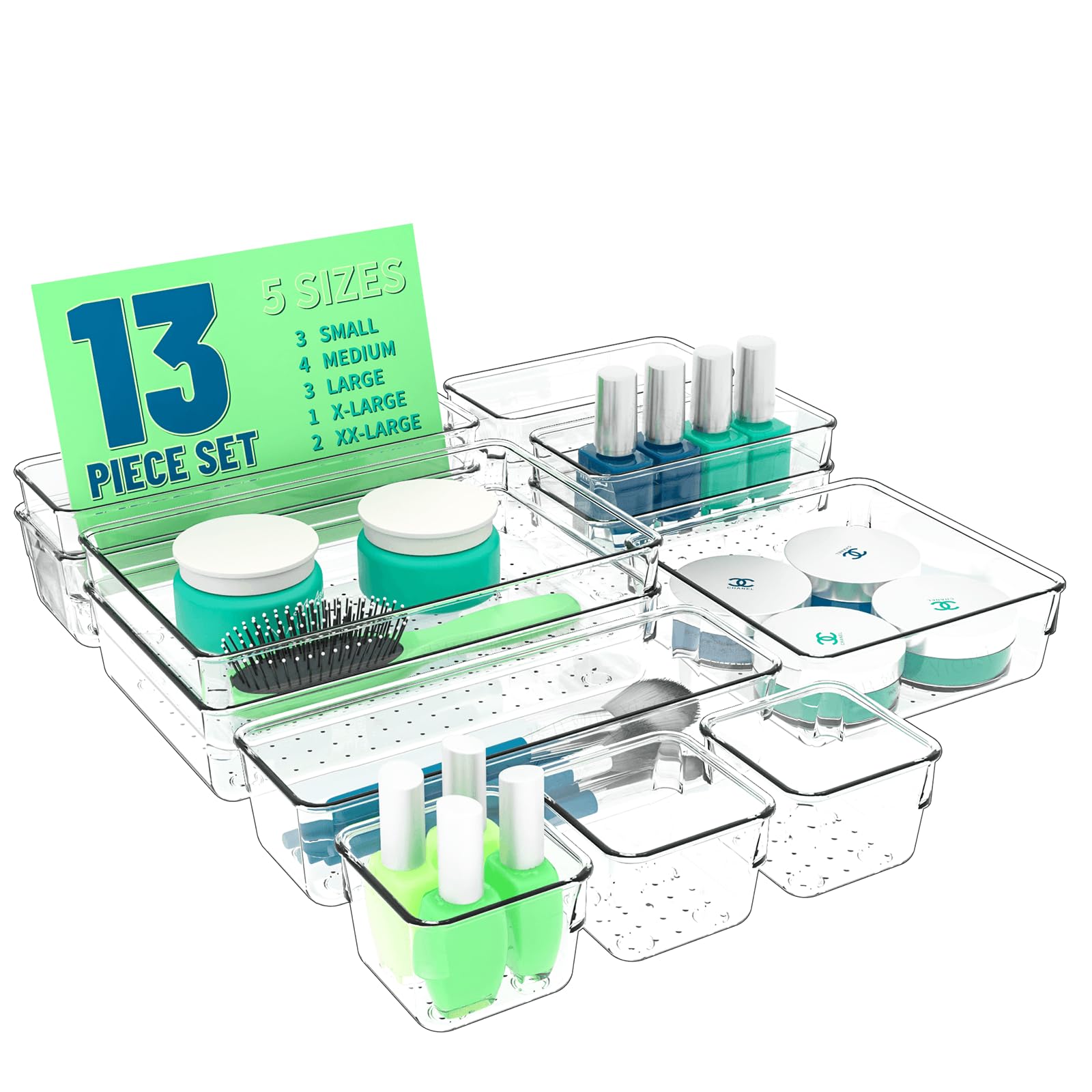 Yieach 13 Pcs Clear In Drawers Organizers and Storage Set,5 Sizes Desk Organization and Bathroom Drawer Organizer for Makeup,Jewelry,Gadgets for Kitchen,Bedroom,Bathroom,Office Drawers Organize