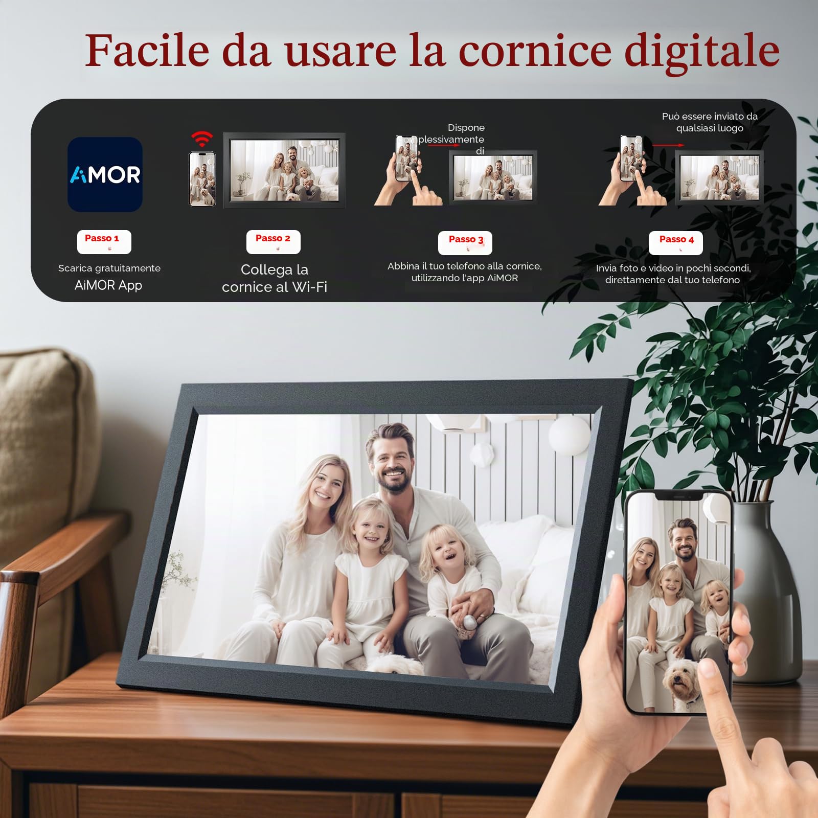 cornice Digitale WiFi 15,6 pollici, 64 GB, 1920 x 1080 FHD IPS Touchscreen, elettronica rotazione automatica, montabile a parete/tavolo