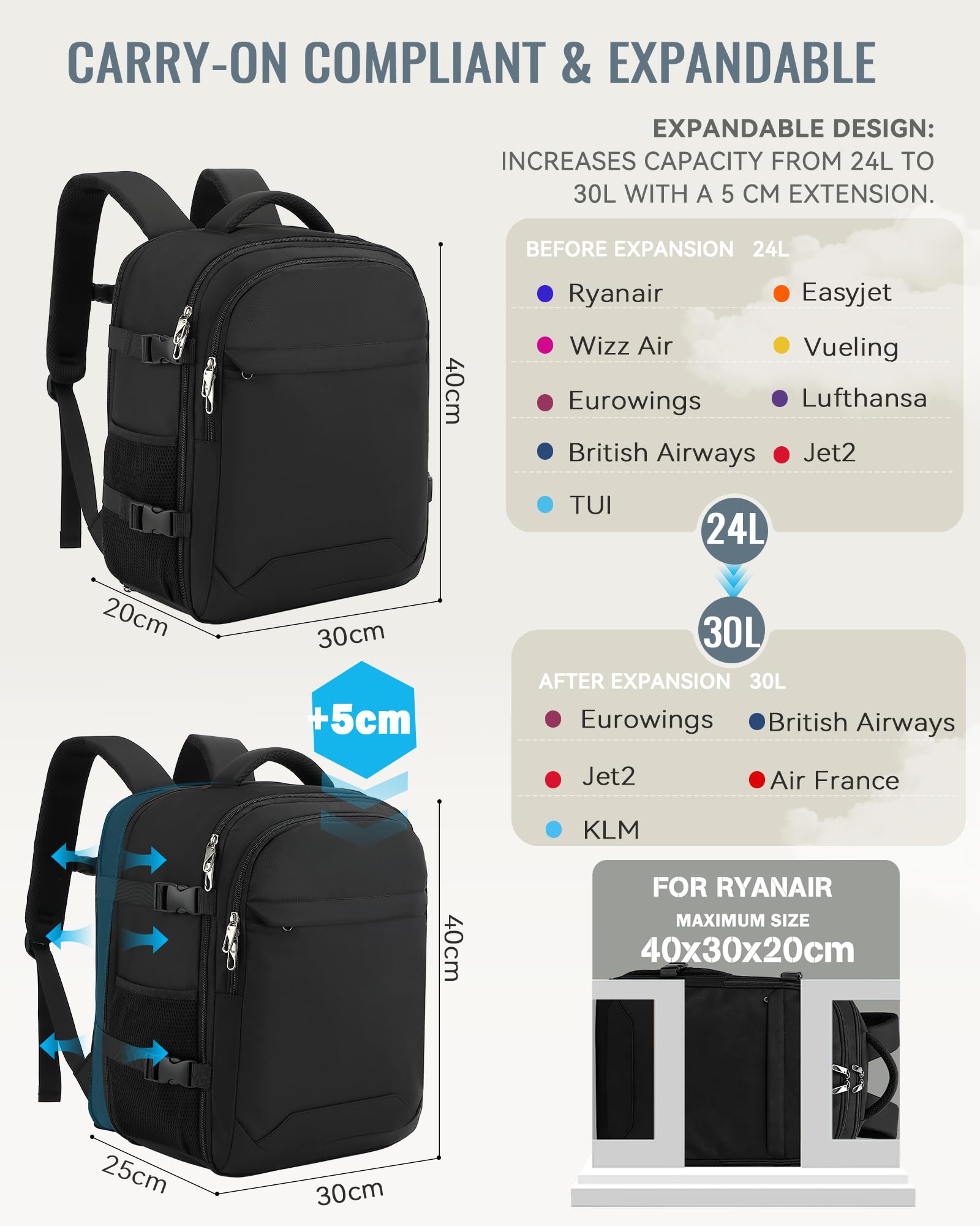Mochila 40x30x20 para Ryanair Expande a 40x30x25 | 24L Ampliable a 30L Mochila Viaje Cabina Avion 40x20x25 Maleta con Bolsillo Antirrobo para Hombre y Mujer, Negro