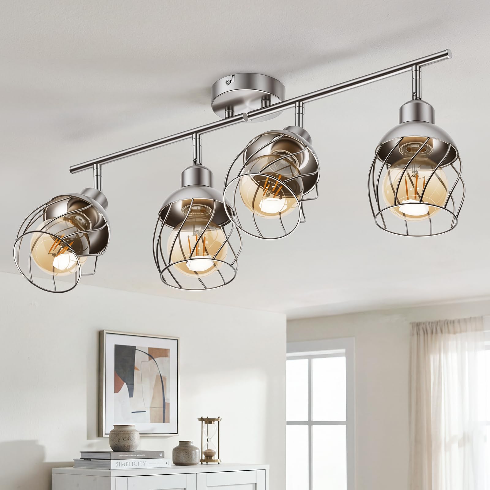 Bojim Lamparas Colgantes Salon de Techo Jaula 4 Luces Candeeiro Suspenso Dormitorio, Lampara Colgante Metal Focos Estilo Industrial Níquel para Cocina Pasillo (Sin Bombilla)