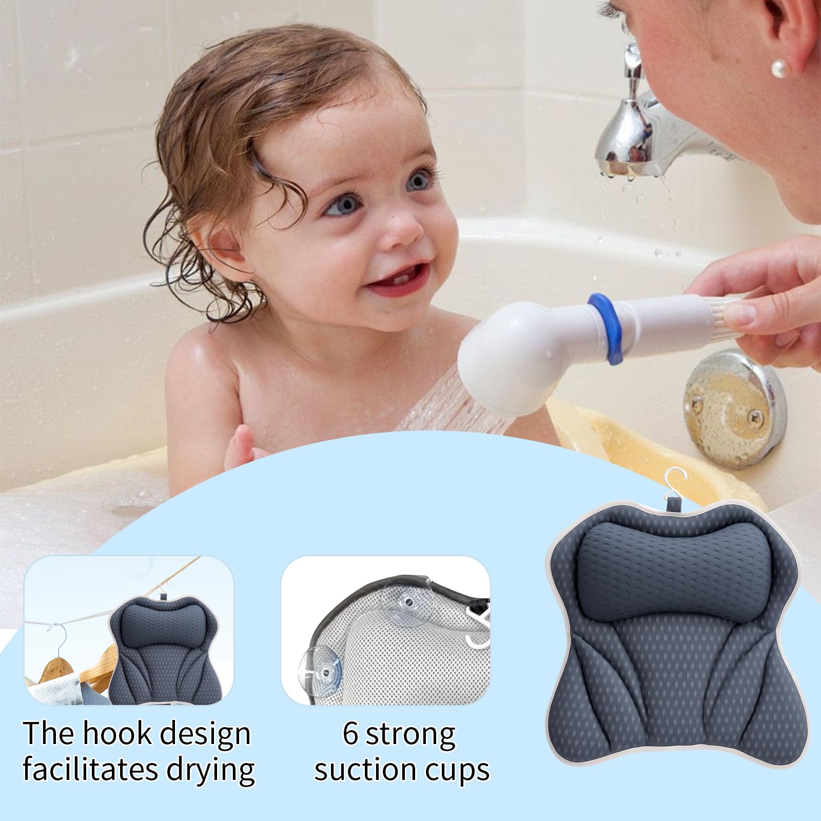 Almohada de Bañera, Cojín de Baño Confortable para Cabeza, Cuello, Espalda y Hombros, 4D Air-Mesh con 6 Ventosas, Accesorio SPA en Casa, Adaptable a Todas Las Bañeras