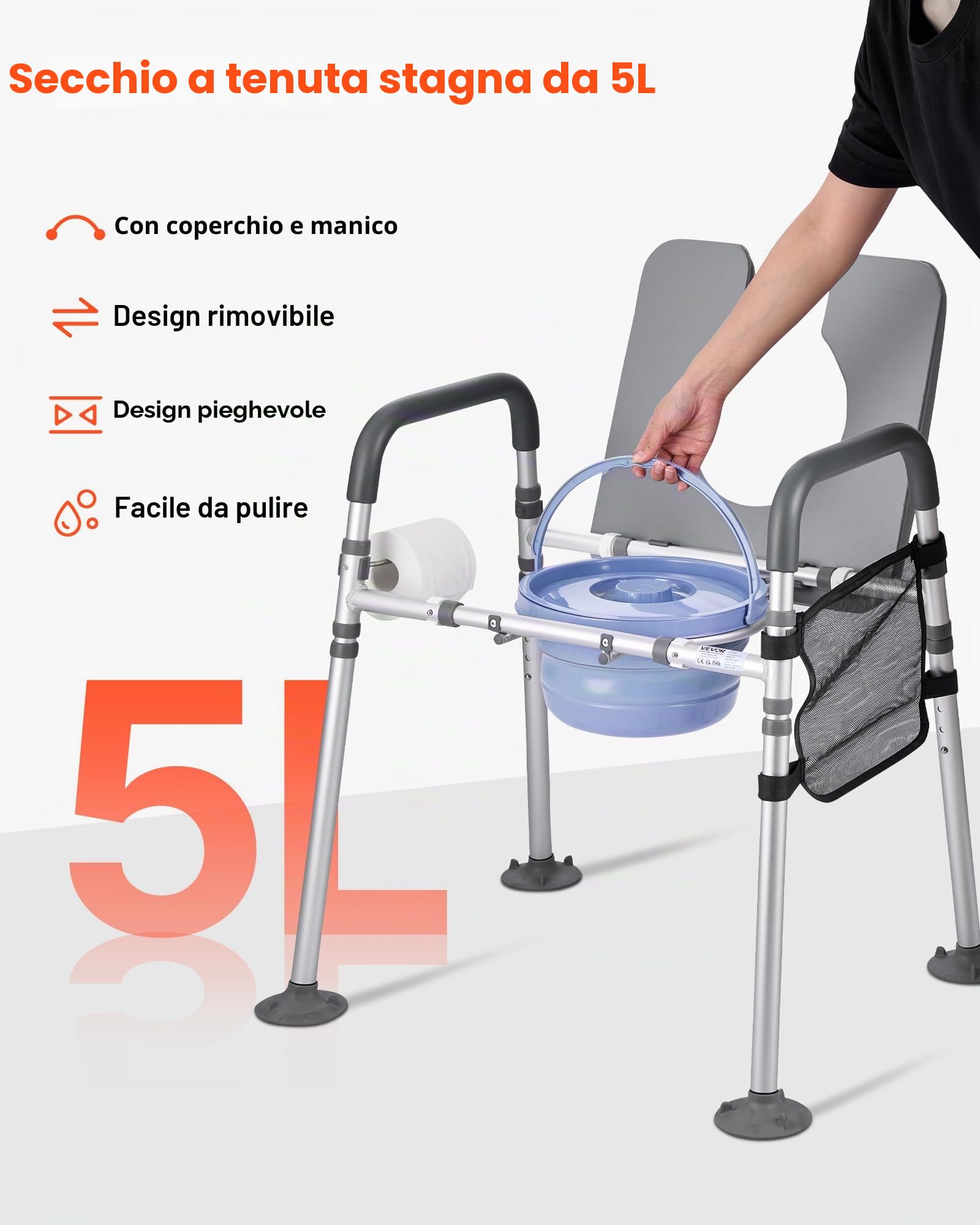 VEVOR Sedia Comoda da Comodino, Capacità 227 kg, WC Sedile Rialzato con Seduta Imbottita e Braccioli, Secchio Staccabile 5 L, Altezza e Larghezza Regolabili Sedia da Vasino per Anziani