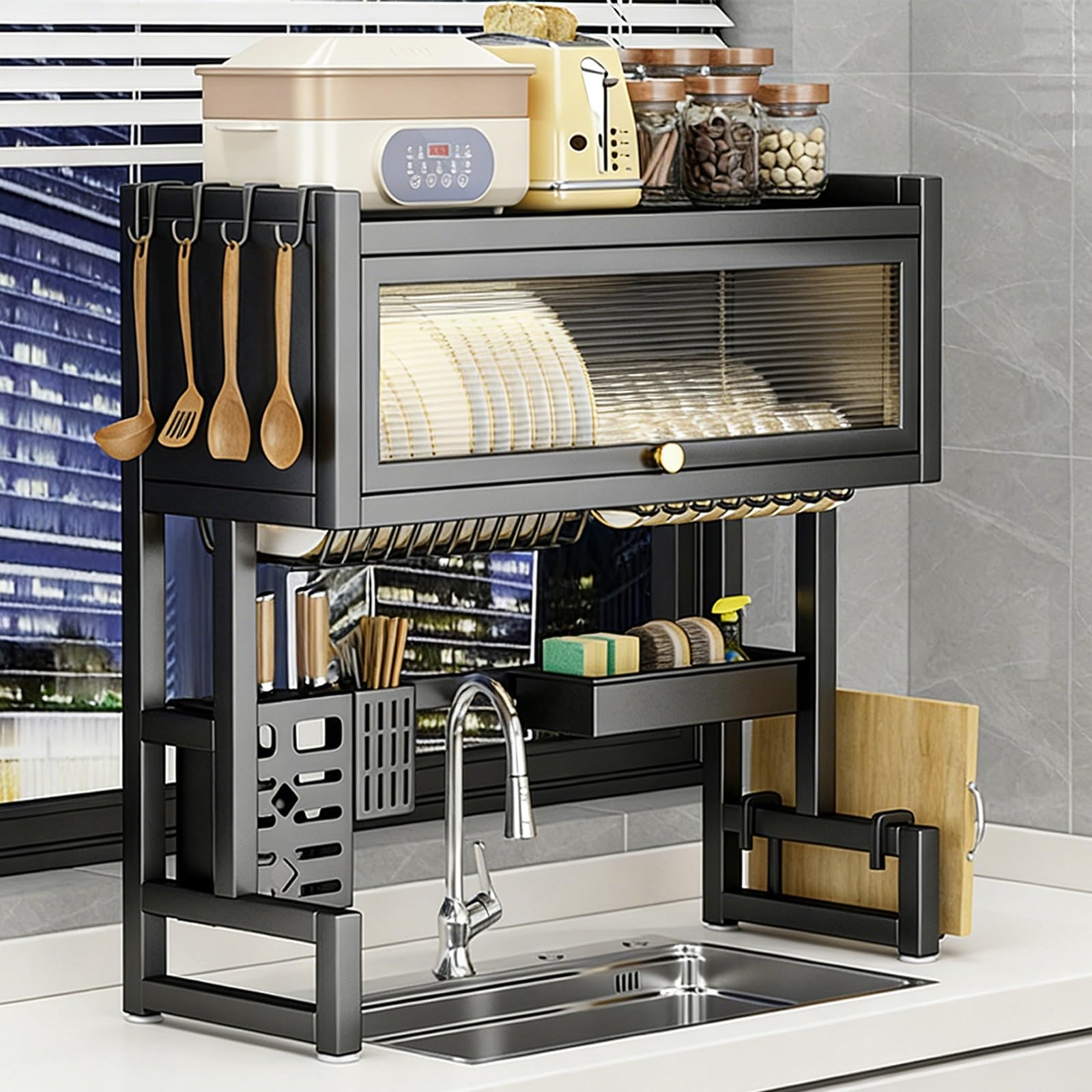 THNSAWX Over Sink Dish Drying Rack with Acrylic Door, Metal Dish Drainer Rack, Multifunctional Kitchen Counter Organizers Shelf, for Plates, Bowls, Cutlery(Black 1 Tier,85cm/33.4in)
