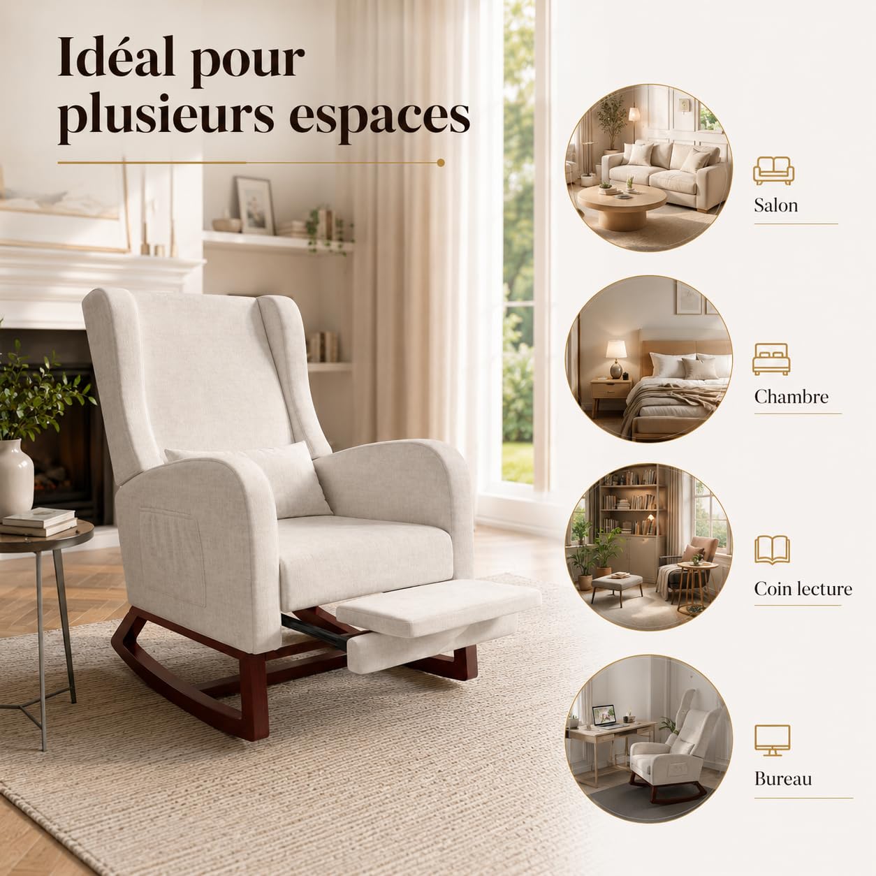 Silla mecedora con reposapiés, sillón oscilante con taburete, cómodo sillón de lactancia para amamantar, con base de madera, 2 bolsillos laterales, 1 cojín lumbar, para salón dormitorio, beige