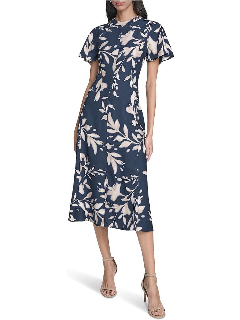 Blue Calvin Klein Flutter Sleeve Floral Midi