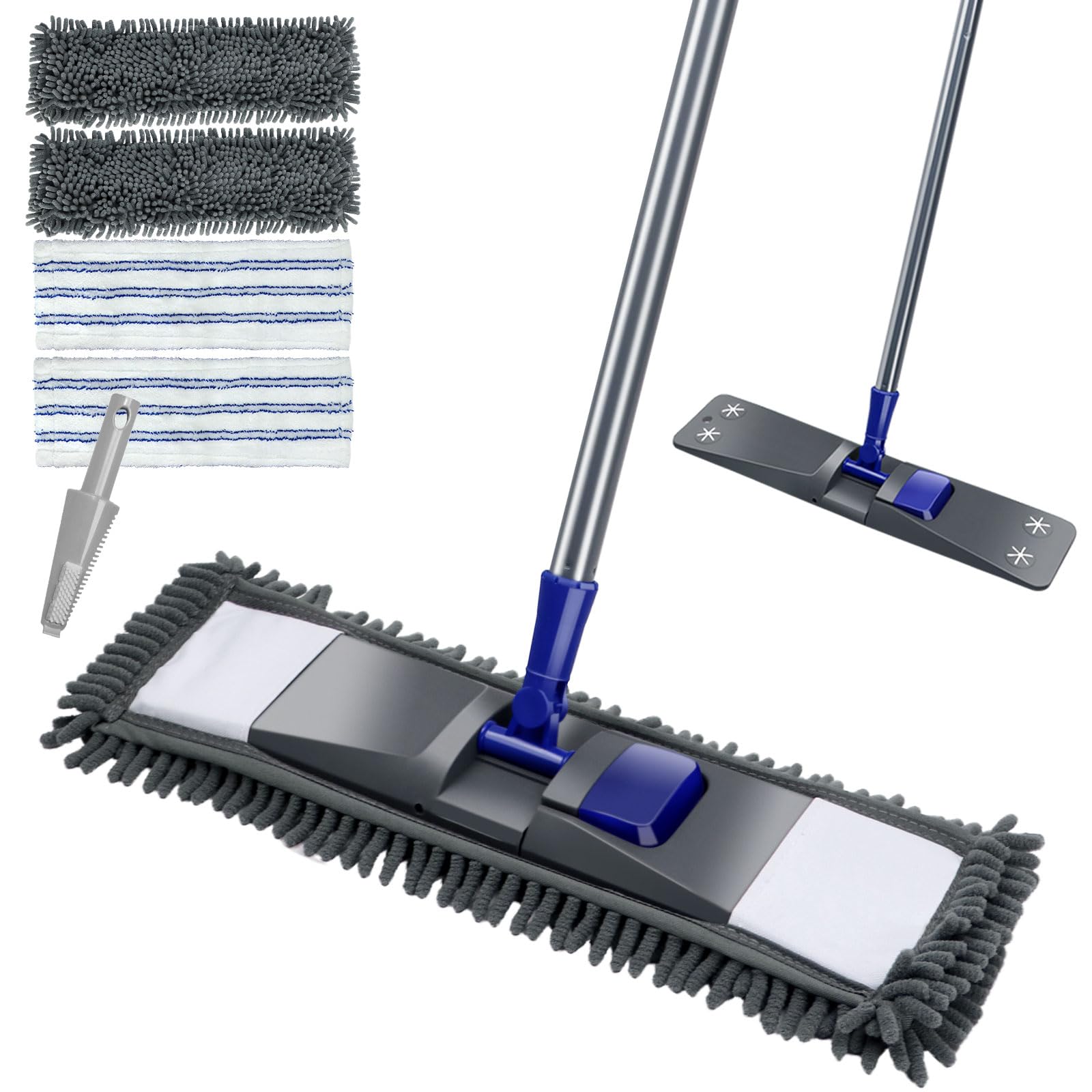 MASTERTOPFlat Mop for Hard Floors & Laminate Wooden Floors | 4 Reusable Microfibre Mop Pads | Adjustable Telescopic Handle | Wet Dry Dust Mop for Kitchen, Bathroom, Wall | Send 1 Cleaning Scrubber