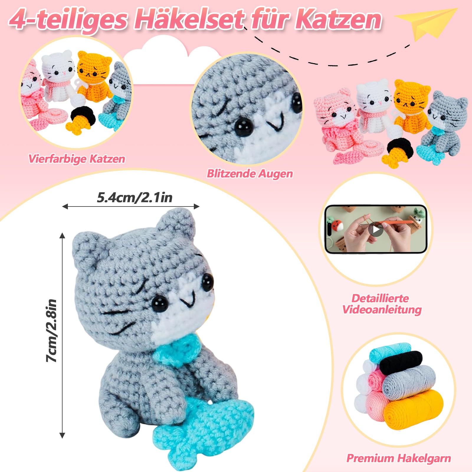 Cioquli Häkelset für Anfänger, 4 Stück Häkelset Tiere mit Häkelnadeln, Werkzeugen und Schritt für Schritt Video, Häkel Zubehör, DIY Stricken Set für Anfänger, Erwachsene, Häkelliebhaber Geschenk