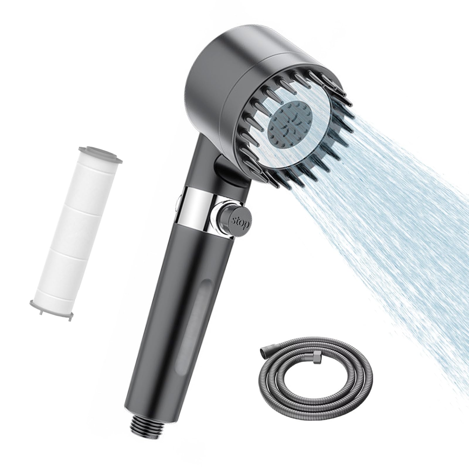 Shower Head - Hard Water High Pressure Shower Head with 15-Stage Filtration, 3+1 Spray Modes Handheld Shower with Hose, One-Touch Water Stop & Massage Brush for Chlorine & Impurity Removal