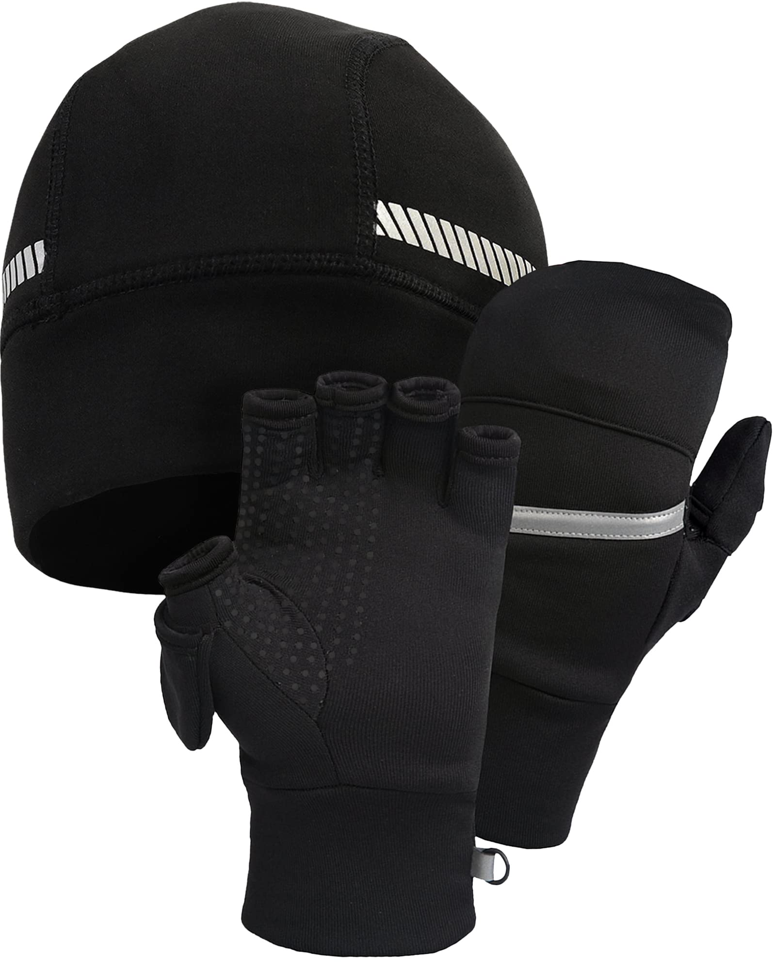 TrailHeads Men's Convertible Mittens and Running Beanie Reflective Gift Set - black (medium/large)