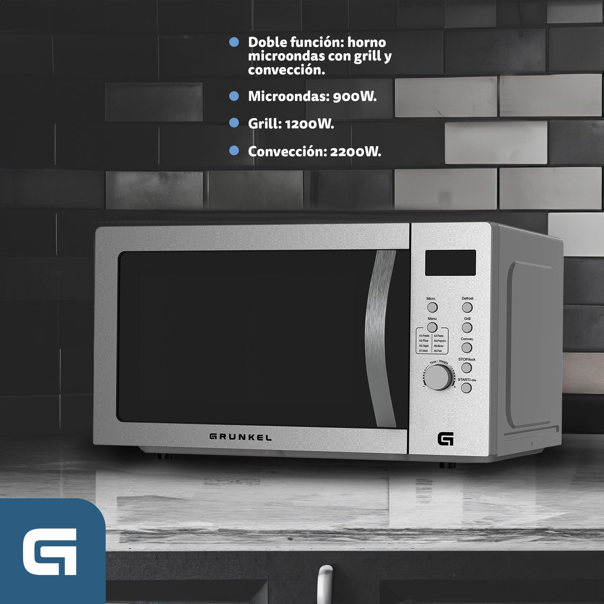 Grunkel - Microonde digitale con grill e forno da 30 litri di capacità in acciaio inox e 900 W 5 livelli di potenza e 4 livelli di combinazione Timer fino a 60 minuti Modello MWG-30SS
