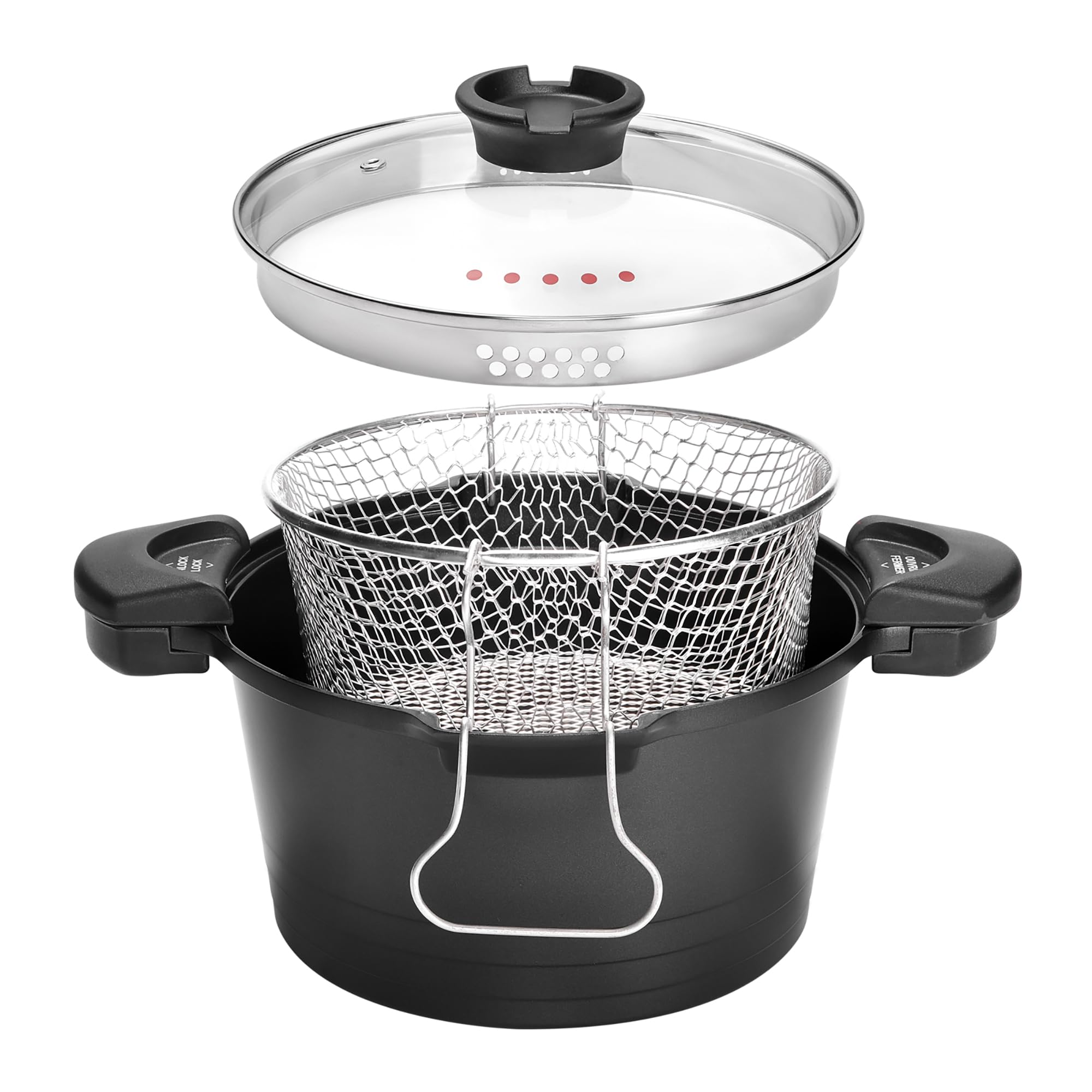 ROSSETTO Olla para pasta Tradicional 24 cm, Cesta, Tapa de Vidrio, Negro | Cocción versátil con gran capacidad y cuerpo de aluminio fundido. Compatible con todo tipo de cocinas, incluida la inducción