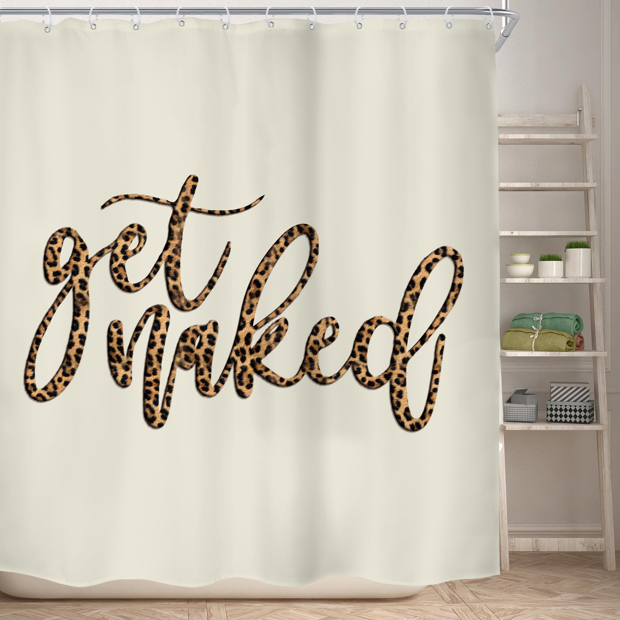 KOMLLEX Get Naked Shower Curtain Leopard Print Bathroom Decor Set Funny Quotes Bath Curtain Modern Urban Cheetah Bathtub Accessories Art Home Decor