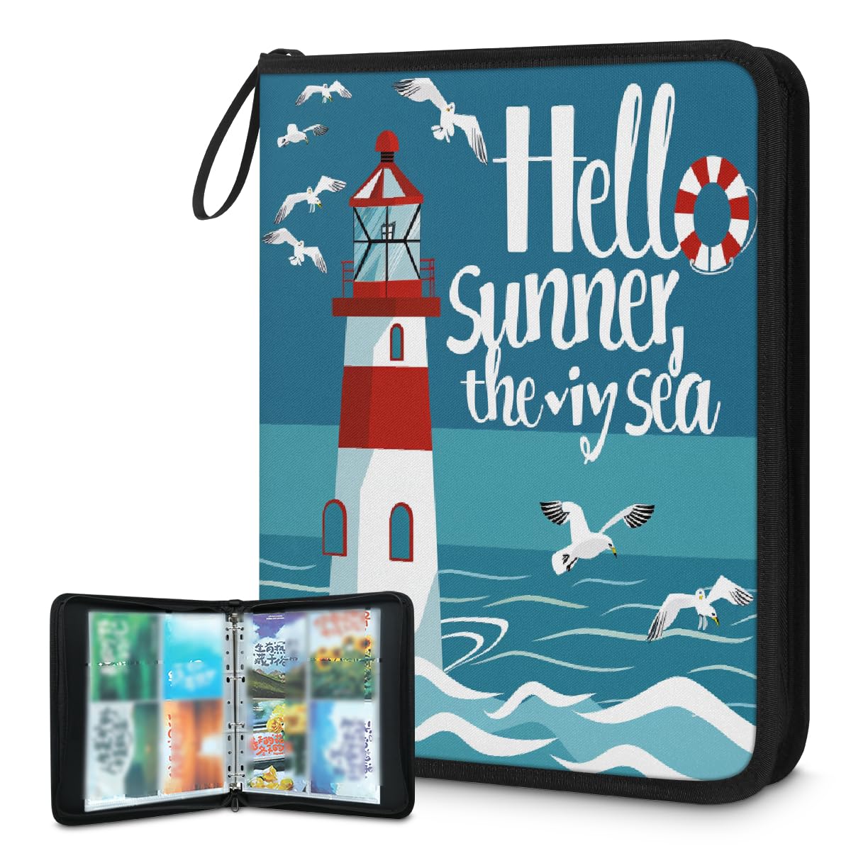 Sammelkartenbinder, 4 Taschen, 400 Taschen, doppelseitige Karten-Aufbewahrungstasche mit abnehmbaren Hüllen, Aquarell mit Möwen-Leuchtturm, nautischem Themenkartenhalter, Albumschutz-Set für Sammler