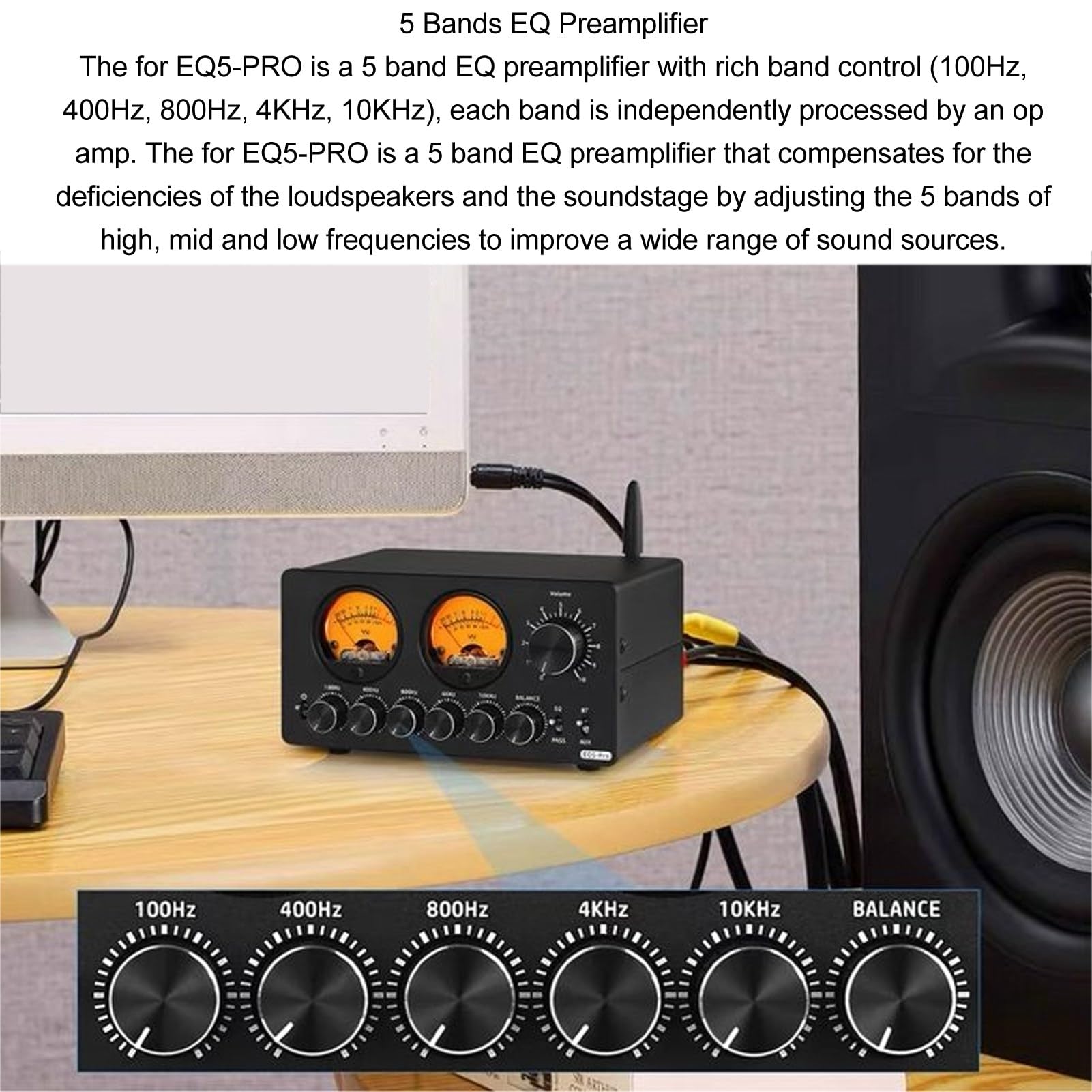Ecualizador de 5 Bandas Bluetooth EQ Preamplificador de Sonido Ecualizador Digital con Medidores de VU Grandes Duales para Estéreo Doméstico, Altavoces de Computadora
