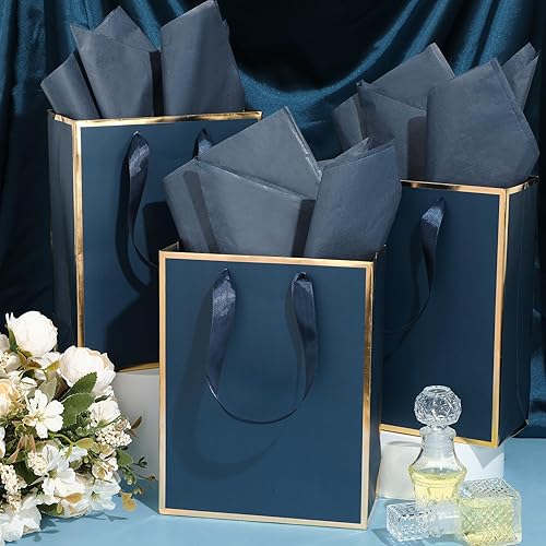 Miniatura 5 de Yeaqee Paquete de 50 bolsas de regalo metálicas con asa y papel de seda, bolsa de bienvenida de lámina dorada para invitados de boda, fiesta de