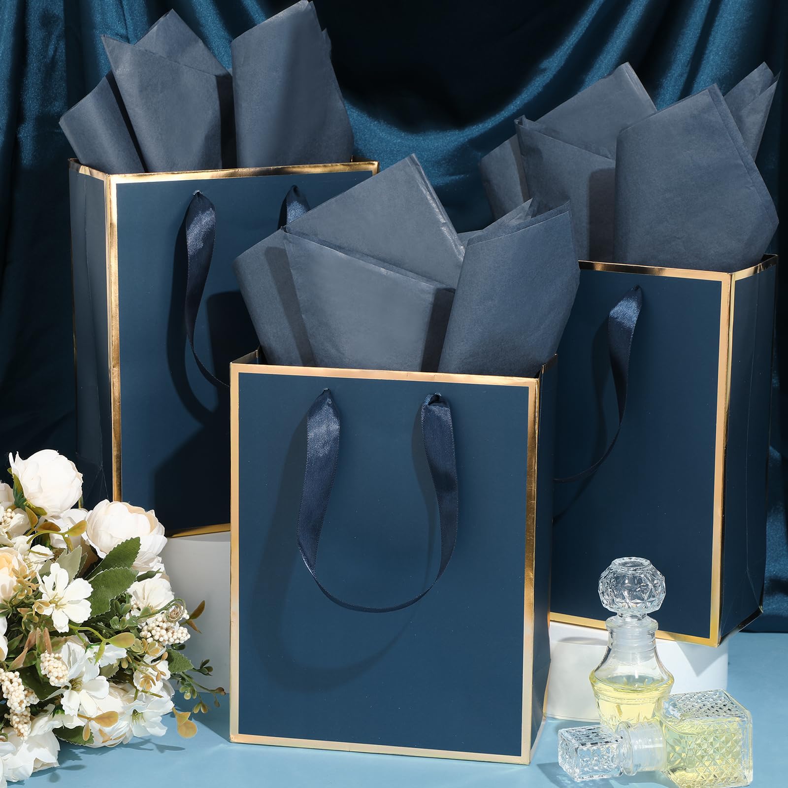 Yeaqee 10 Pack Metallic Paper Gift Bags with Handle Tissue Paper Thank You 5 Senses Gift Bag for Birthday Wedding Baby Shower Groomsmen Bridal Graduation Party Favor 9 x 7 x 3.15''(Navy Blue, Gold)