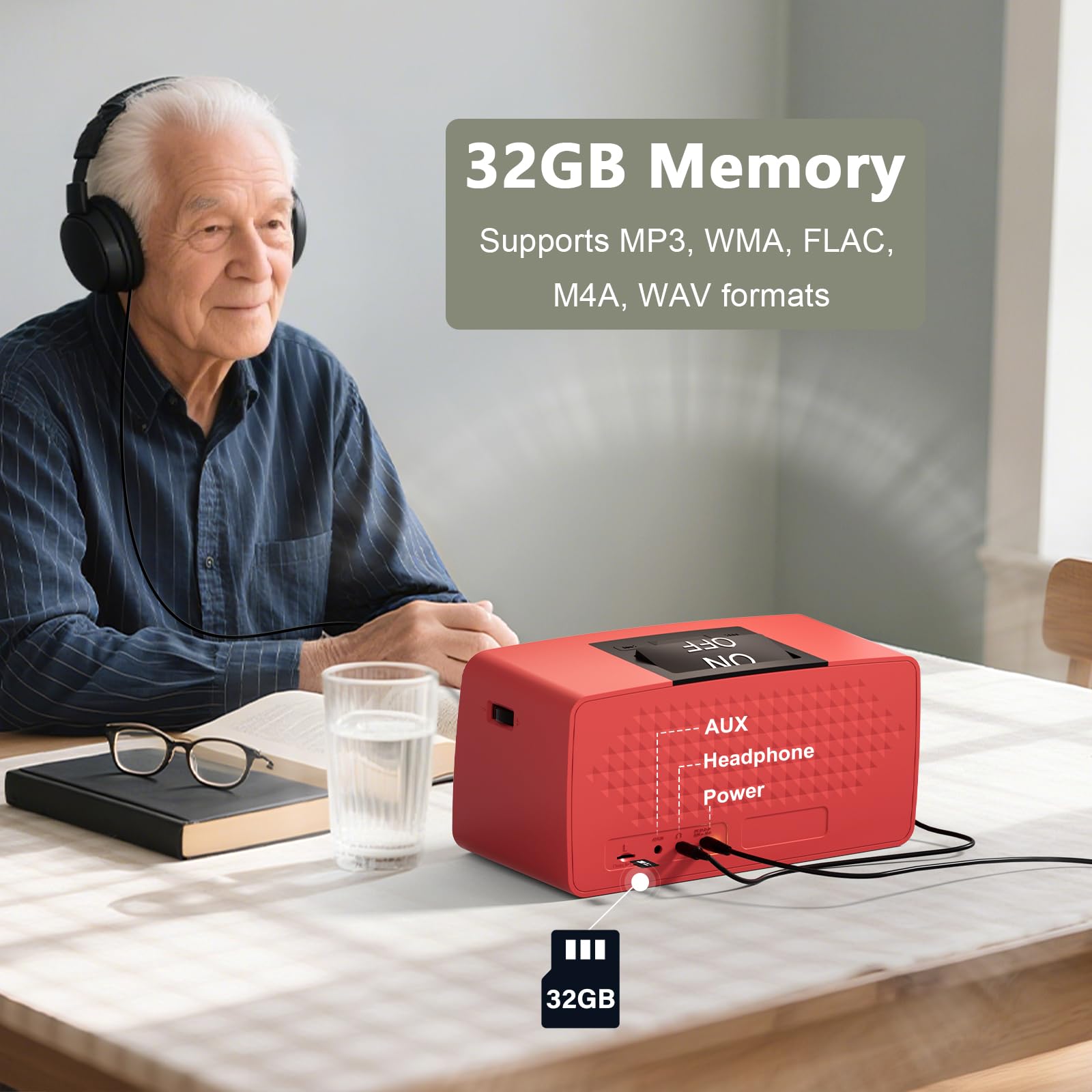 Semplice lettore MP3 con pulsanti grandi e funzionamento facile, ideale per anziani, ipovedenti, pazienti affetti da demenza/Alzheimer, lettore audio - non richiede WiFi o Bluetooth, con scheda TF da