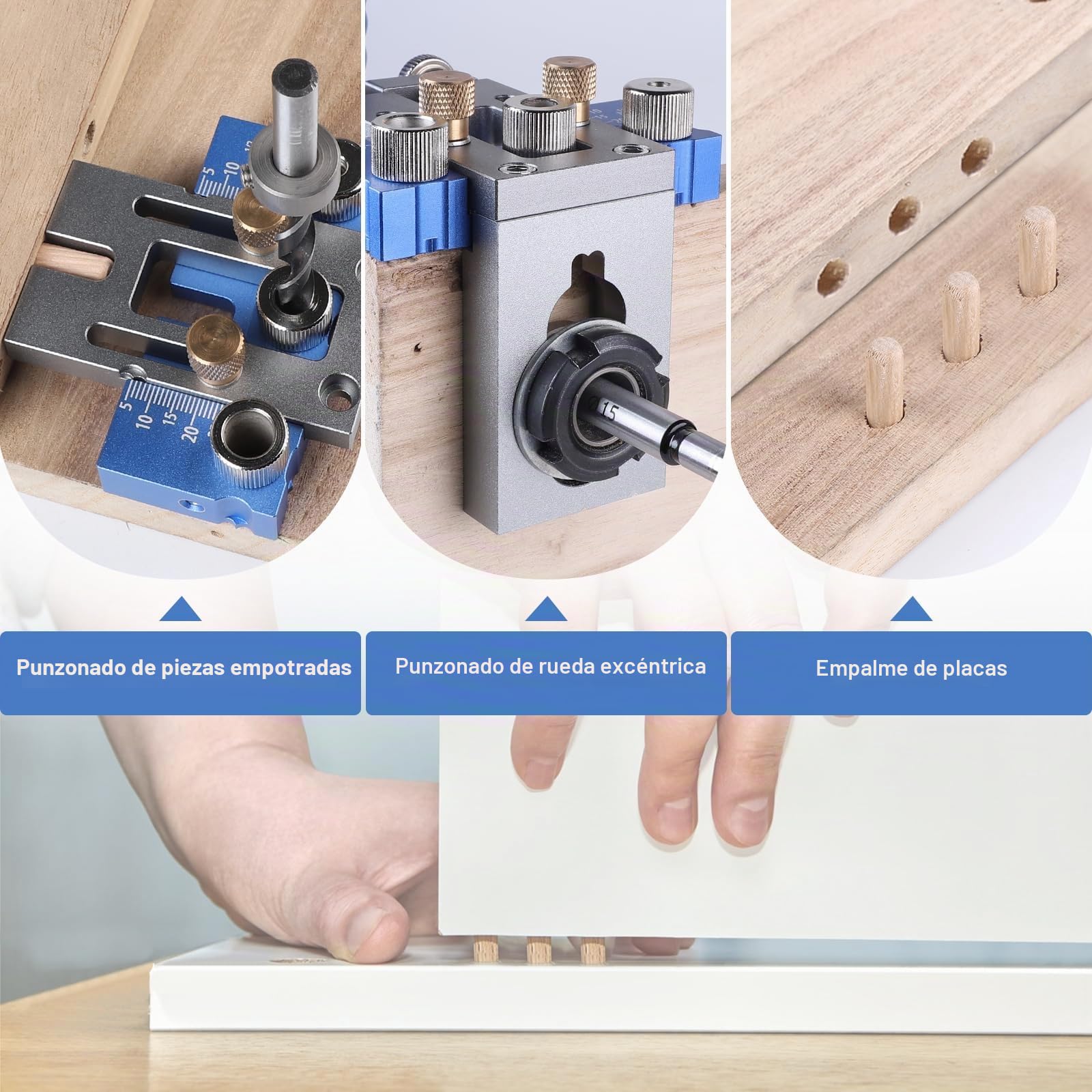 EFUTURETIME Juego de Plantillas de Taladrado Vertical 3 en 1, Plantilla de Espigas Ajustable de 5/8/10/15 mm, Plantilla de Clavijas para Taladrar y Realizar Conexiones de Forma Rápida y Precisa, Azul