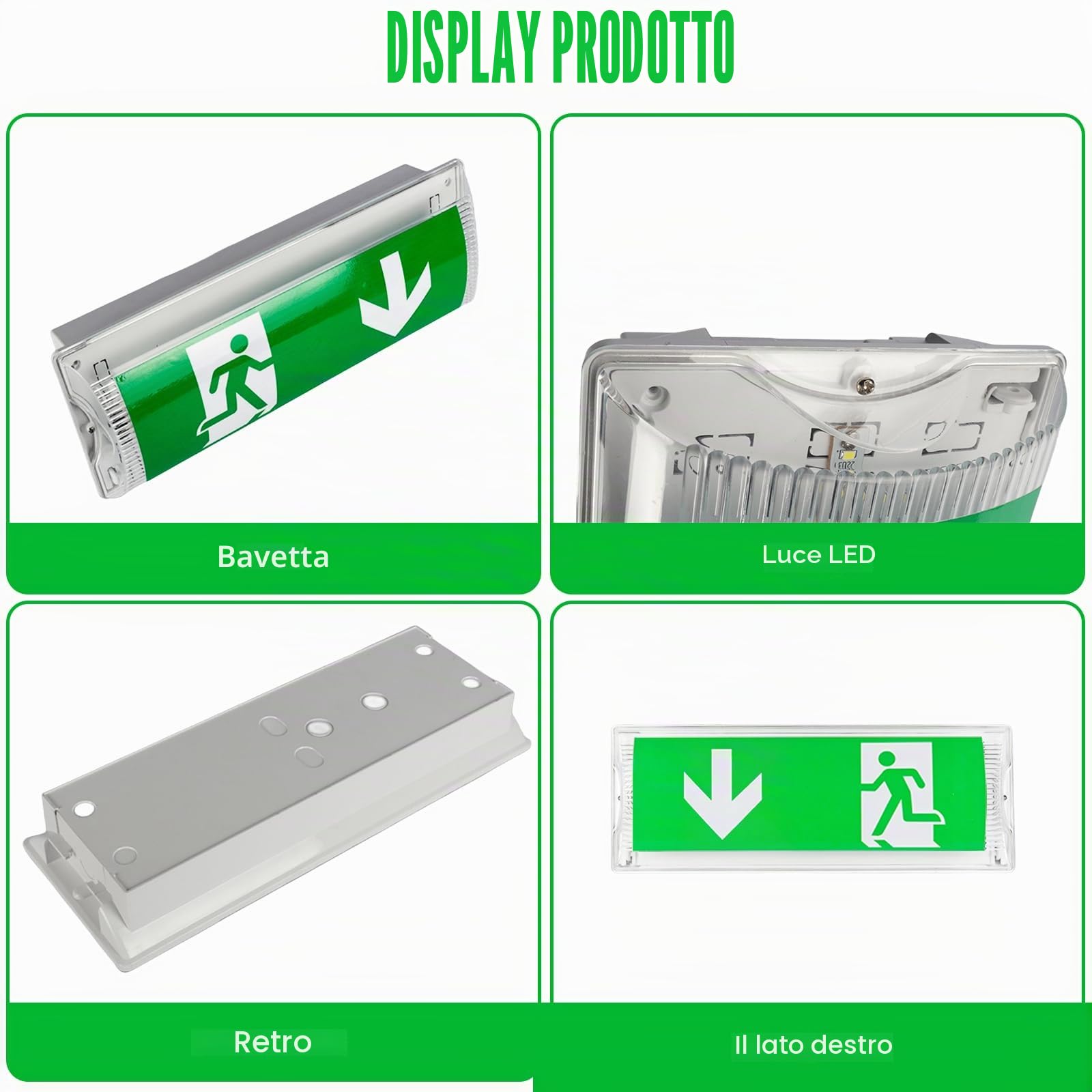 Illuminazione di emergenza a LED: lampada di emergenza impermeabile IP65, illuminazione a LED, luce di emergenza con batteria di emergenza 3 ore, luce di uscita di emergenza con 4 icona di