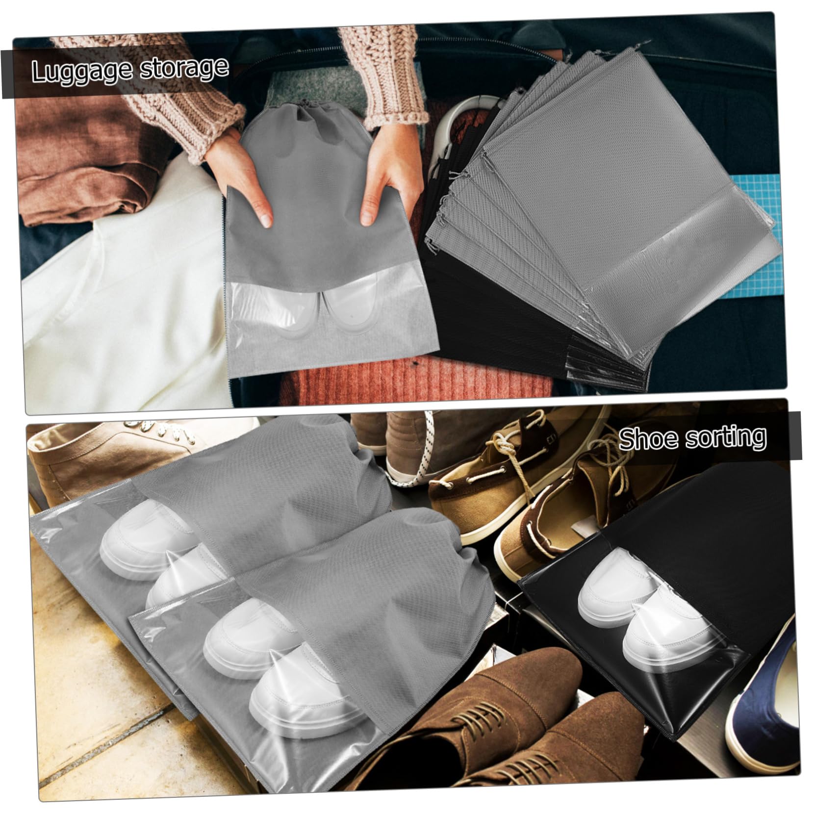 KOMBIUDA 20 Stück Schuhbeutel mit Zugband Transparente Aufbewahrungstaschen Non Woven Material für Reisen und Verschiedene Schuharten Schwarze und Graue Beutel