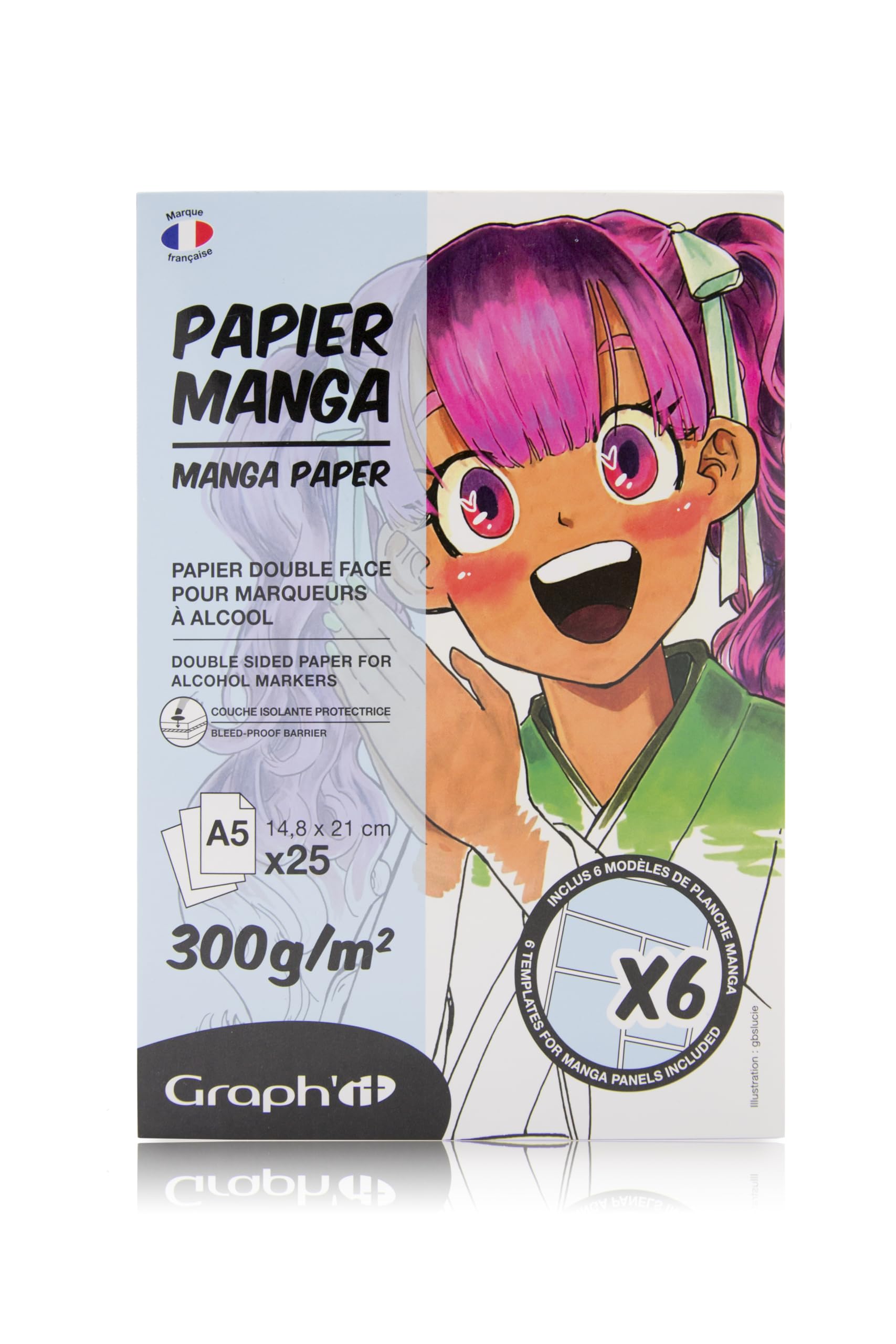 GRAPH'IT Manga pad of 25 Sheets 300 g Extra White Special Alcohol Marker, 1 Side glued, Resistant Paper for Alcohol Ink, 6 Models of Manga Boards on Layers Included - A5 Format