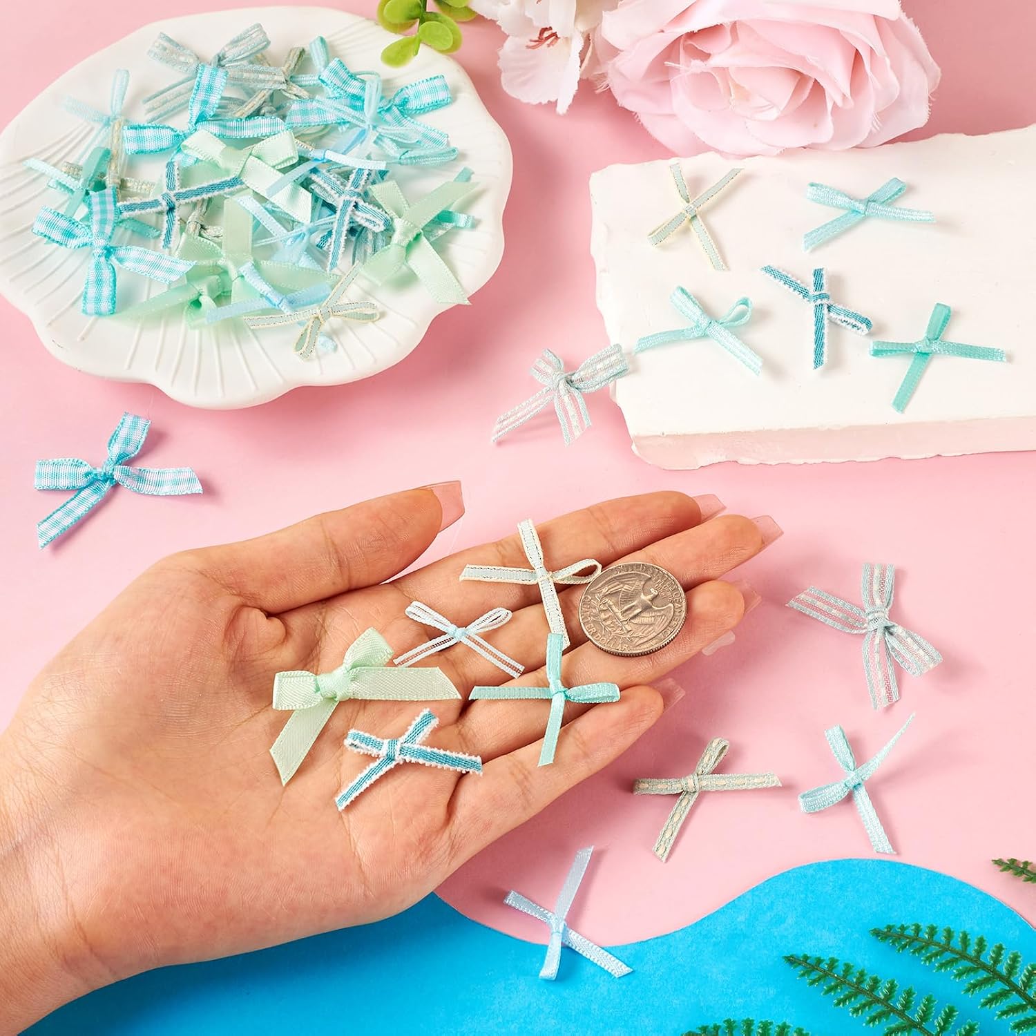 Elecrelive 50Pcs Mini Bows for Crafts, Mini Blue Green Bows Plaid Bows Tiny Christmas Bows Mixed Styles Small Ribbon Bow Ornaments for Christmas Tree Gift Wrapping Home Wedding Decoration image 3