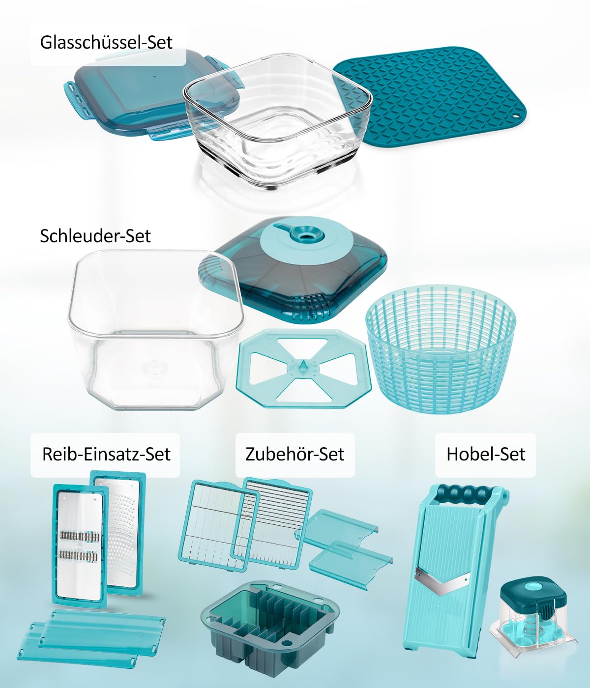 Genius Nicer Dicer Chef Professional Deluxe Gemüseschneider manuell 39-tlg, Gemüsehobel mit 5.2L Behälter und 2.8L Glassschüssel Deckel, Spiralschneider Pommesschneider Küchenhelfer