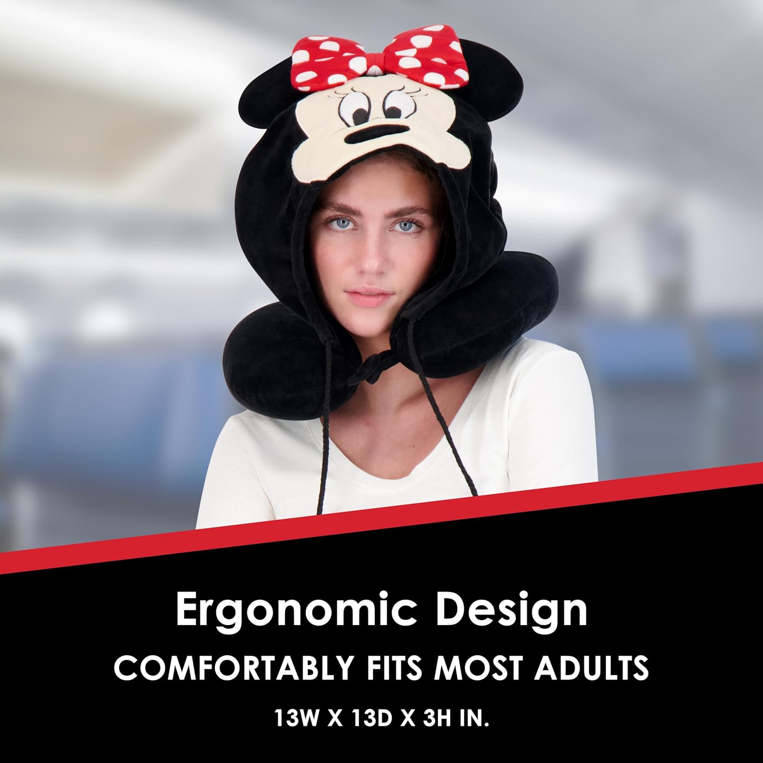 FUL Disney Minnie Mouse Hooded Neck Pillow with 3D Ears, Travel Accessories for Airplane, Car and Office, Comfortable and Breathable, Black