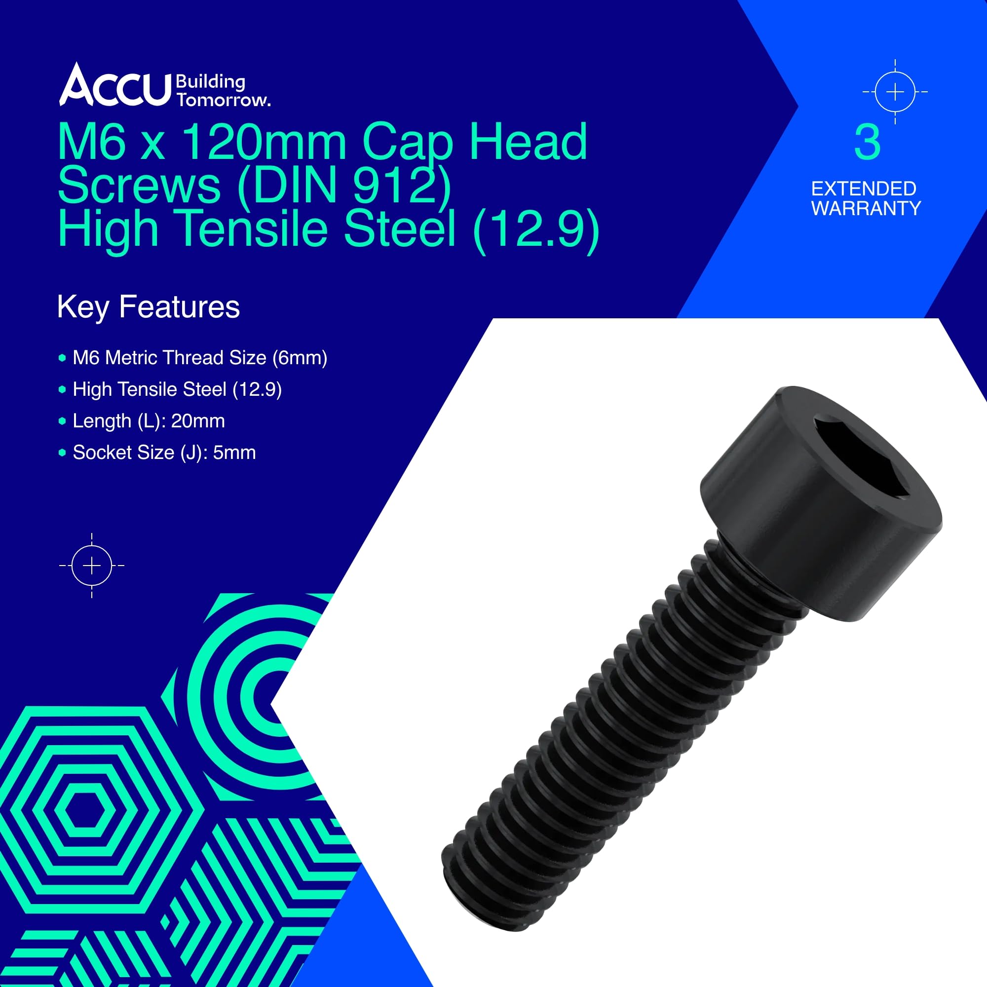 Accu - M6 x 120mm Cap Head Screws (DIN 912) - High Tensile Steel (12.9) (Pack of 6) - Image 2