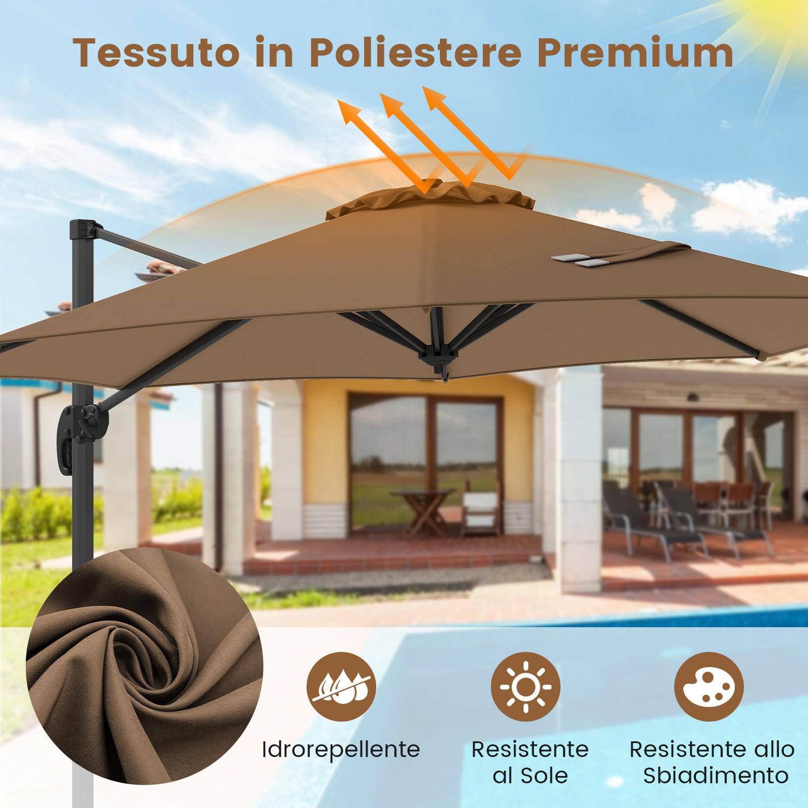 COSTWAY Ombrellone a Cantilever da Giardino 294 cm, Rotazione 360° e 5 Angoli Regolabili, 8 Stecche Base a Croce, Impermeabile, per Cortile Piscina Esterno (Marrone)