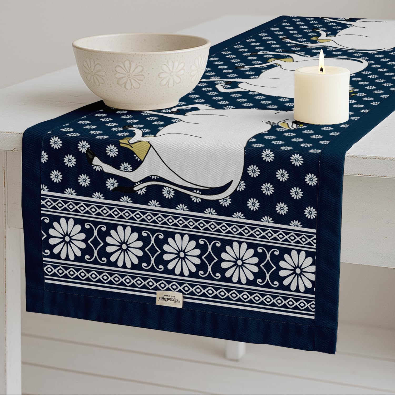 Boho Cotton Table Runner - Double Layer with Printed Animal Design - Machine Washable - Table Décor for Kitchen, Living & Events, 14" x 60"
