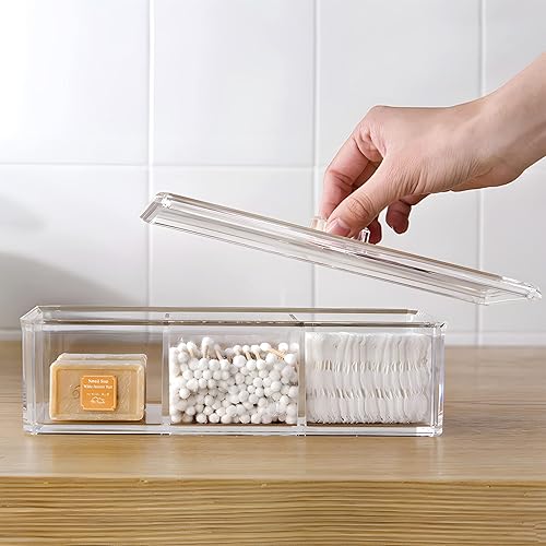 Miniatura 7 de Qtip - Dispensador de bolas de algodón y hisopos con tapa, acrílico transparente, 3 compartimentos, recipientes de baño, organizador de almohadilla