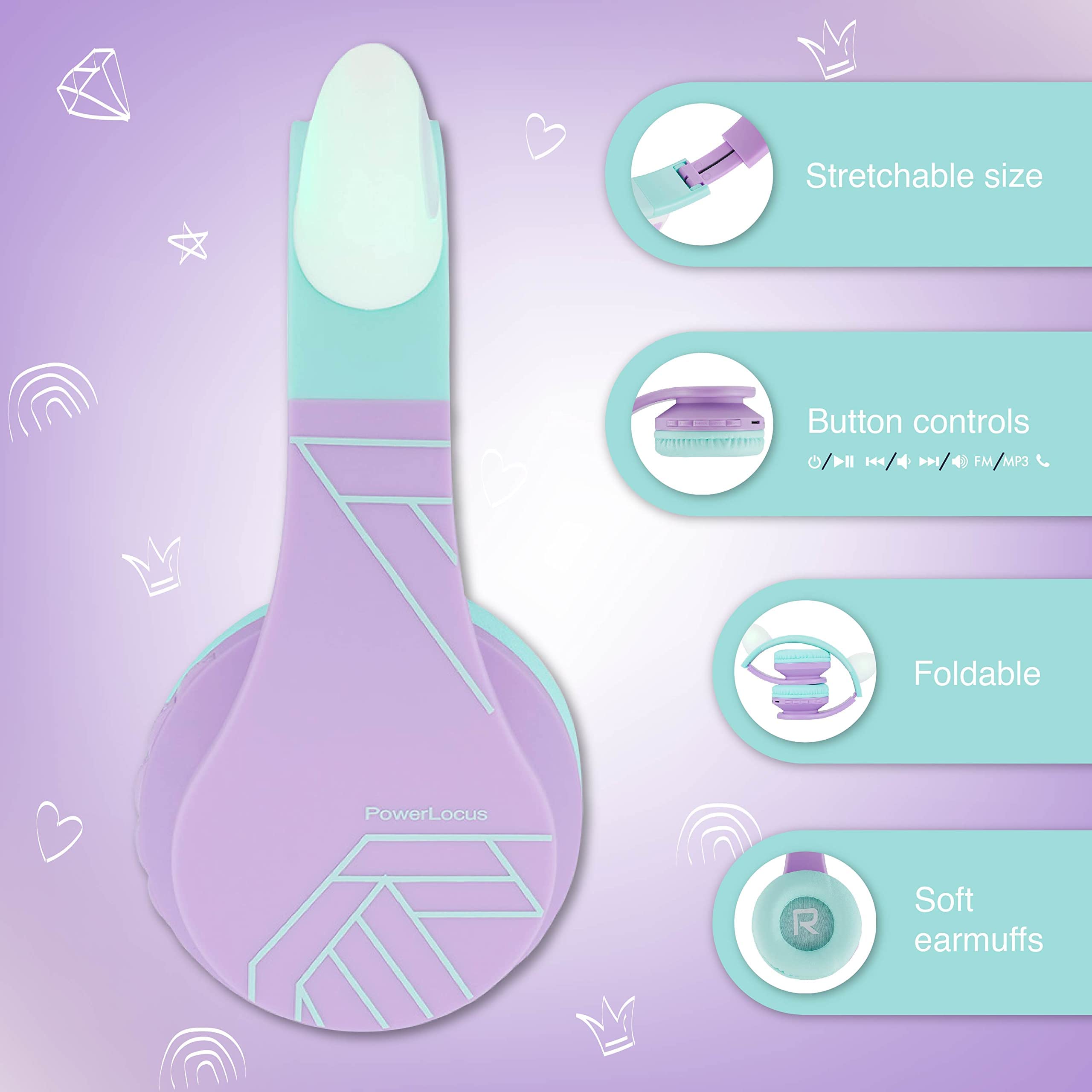 PowerLocus Cuffie Bluetooth per Bambini, Cuffie Senza Fili Over-Ear con Microfono, limitatore di volume a 85 dB, Cuffie Wireless Pieghevoli e Regolabili per Ragazzi e Ragazze per Cellulari/Tablet/PC