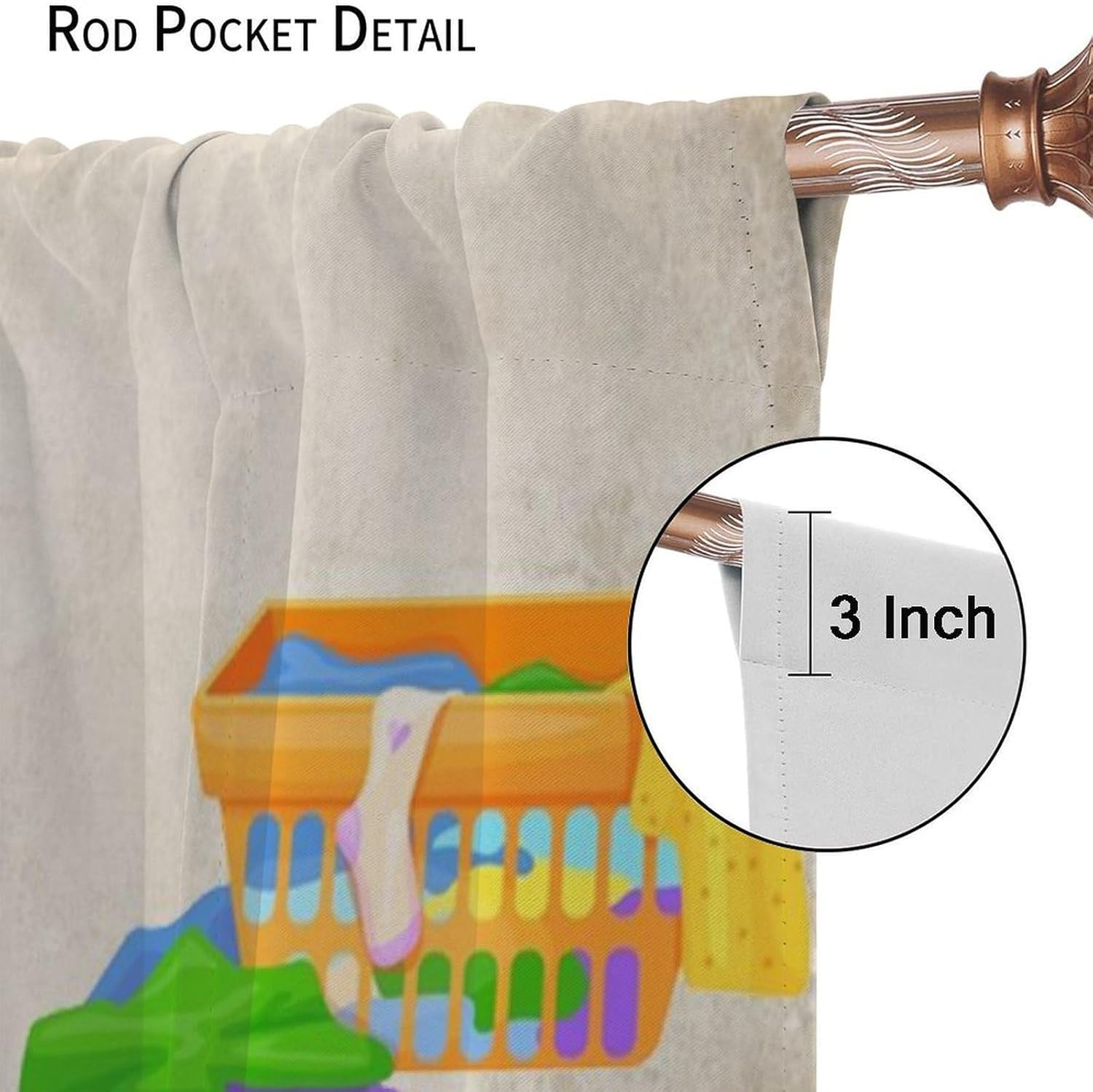 Laundry Room Kitchen Curtains, Washing Machine Clothes Basket Towel Retro Style Blackout Window Treatments, Rod Pocket Thermal Insulated Drapes 2 Panel Sets for Bedroom Living Room, 42"W X 45"L