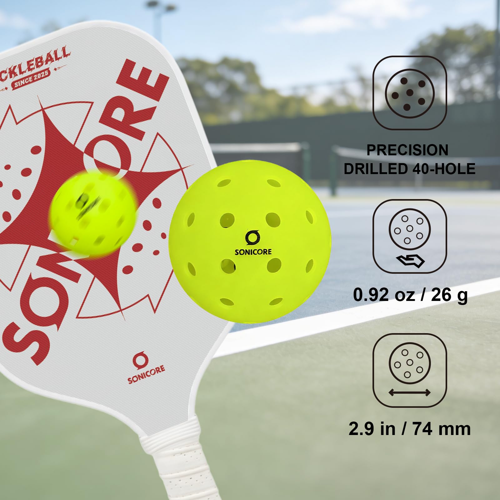 SONICORE Palline da pickleball da esterno di alta qualità, confezione da 4, estrema durata, conformi agli standard USAPA