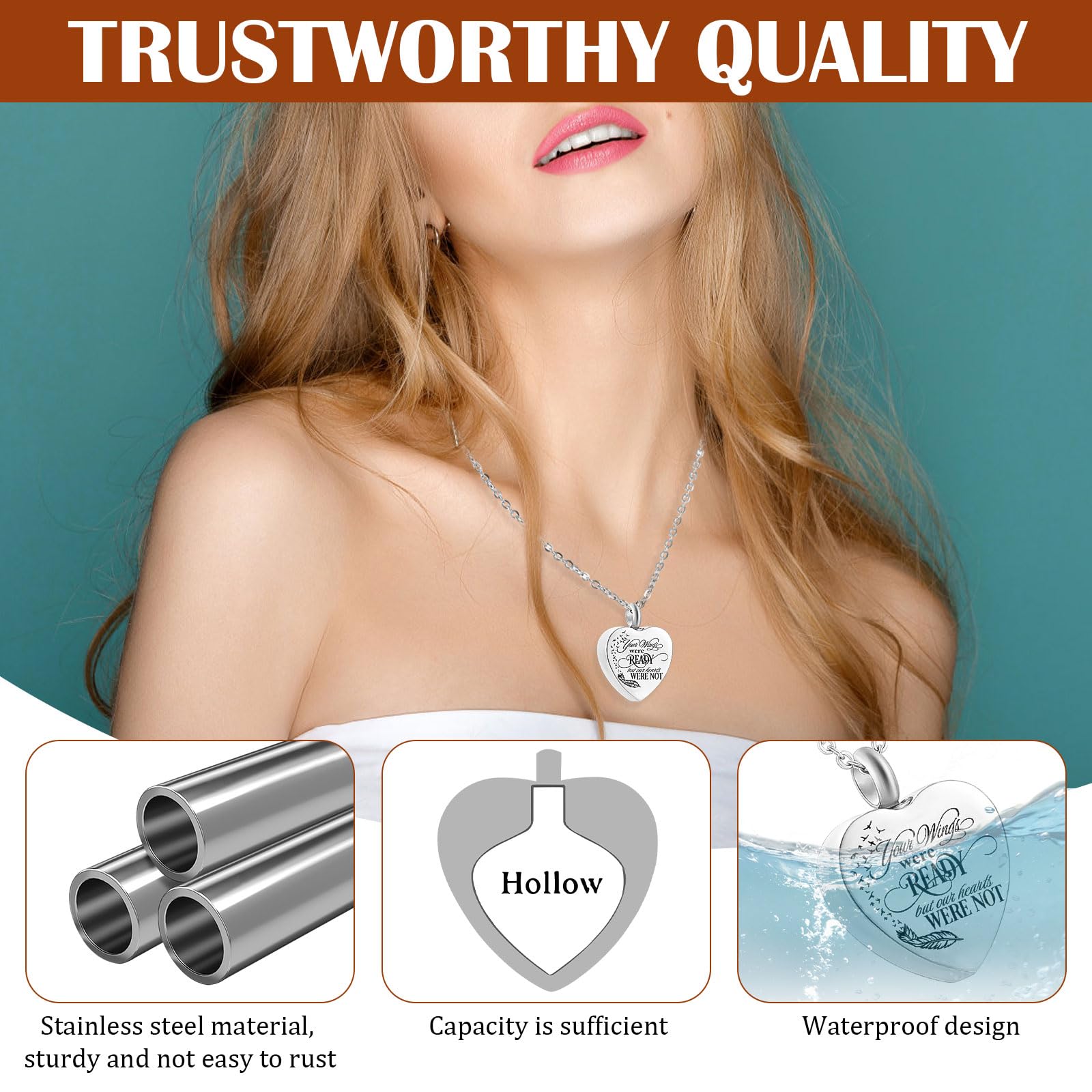 QESSUVNC Ashes Necklace Keepsake Locket, Personalised Urn Necklace for Ashes Stainless Steel Cremation Jewellery (Heart) - Image 4