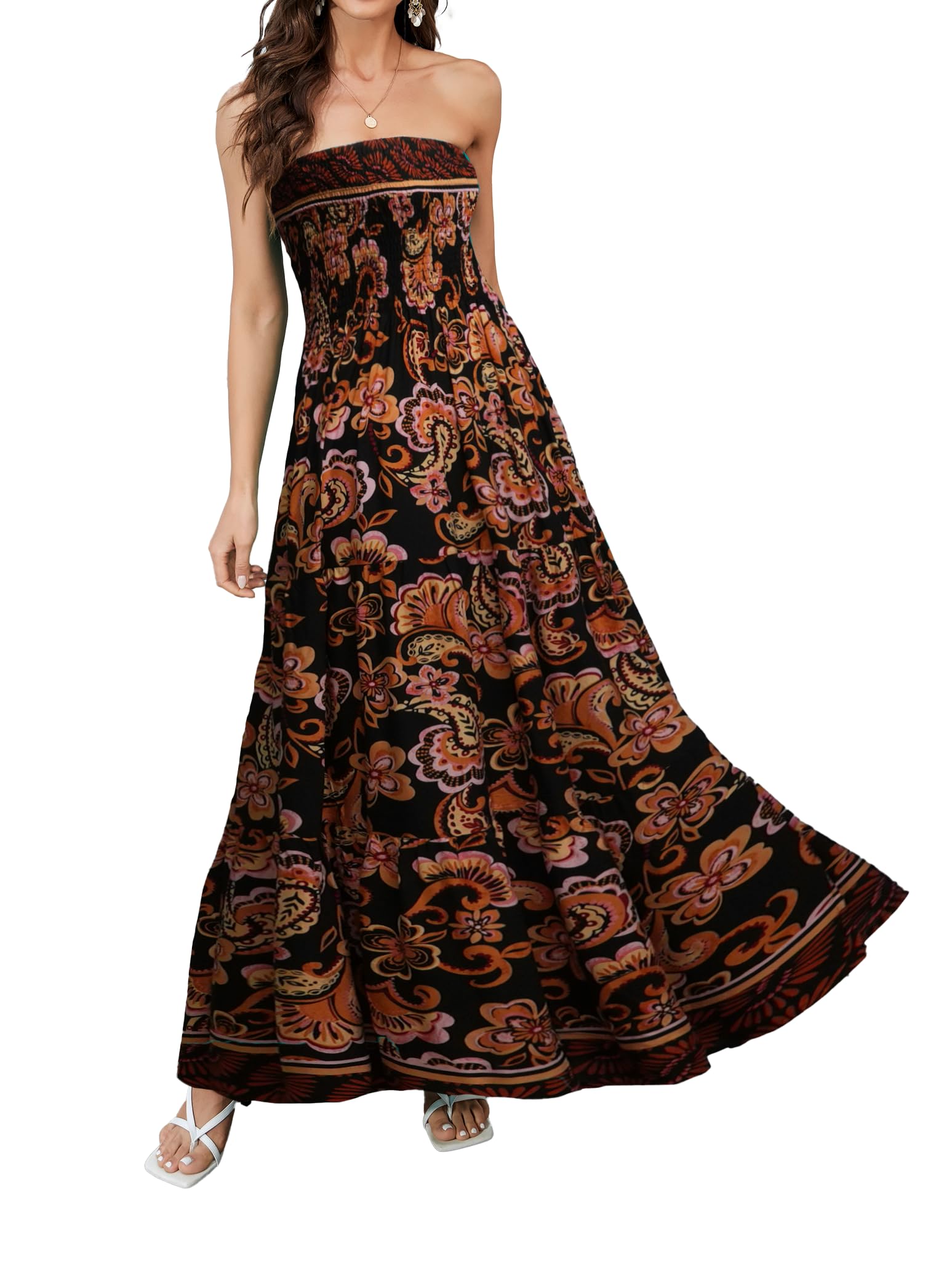 Women Strapless A Line Maxi Dress Tube Top Backless Casual Summer Dress