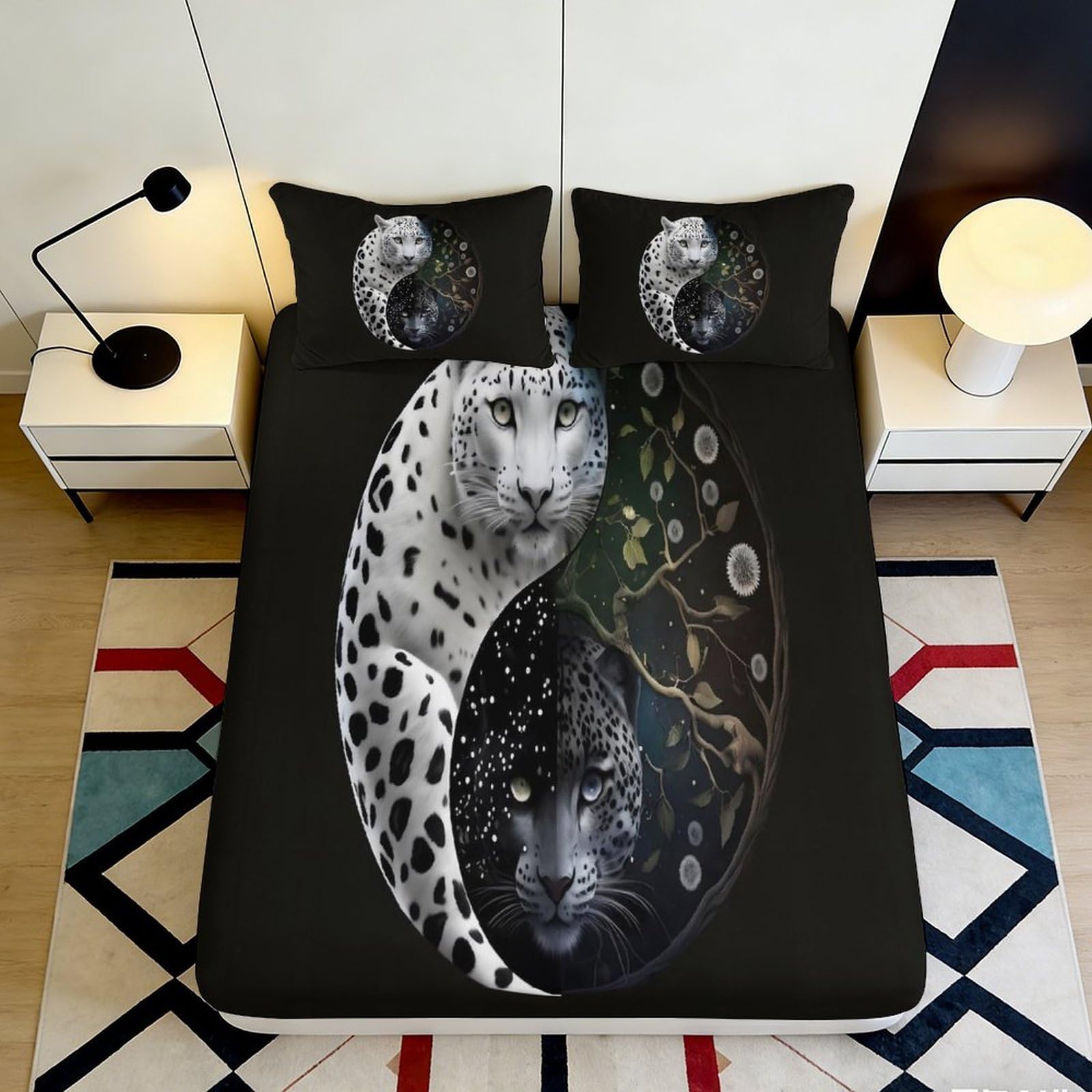 Uxinyoume Style-3 3D Printed Yin Yang Leopard Fitted Sheet Microfiber Soft Breathable Panther Bed Cover For Bedroom Dorm Decor 90X200x25cm
