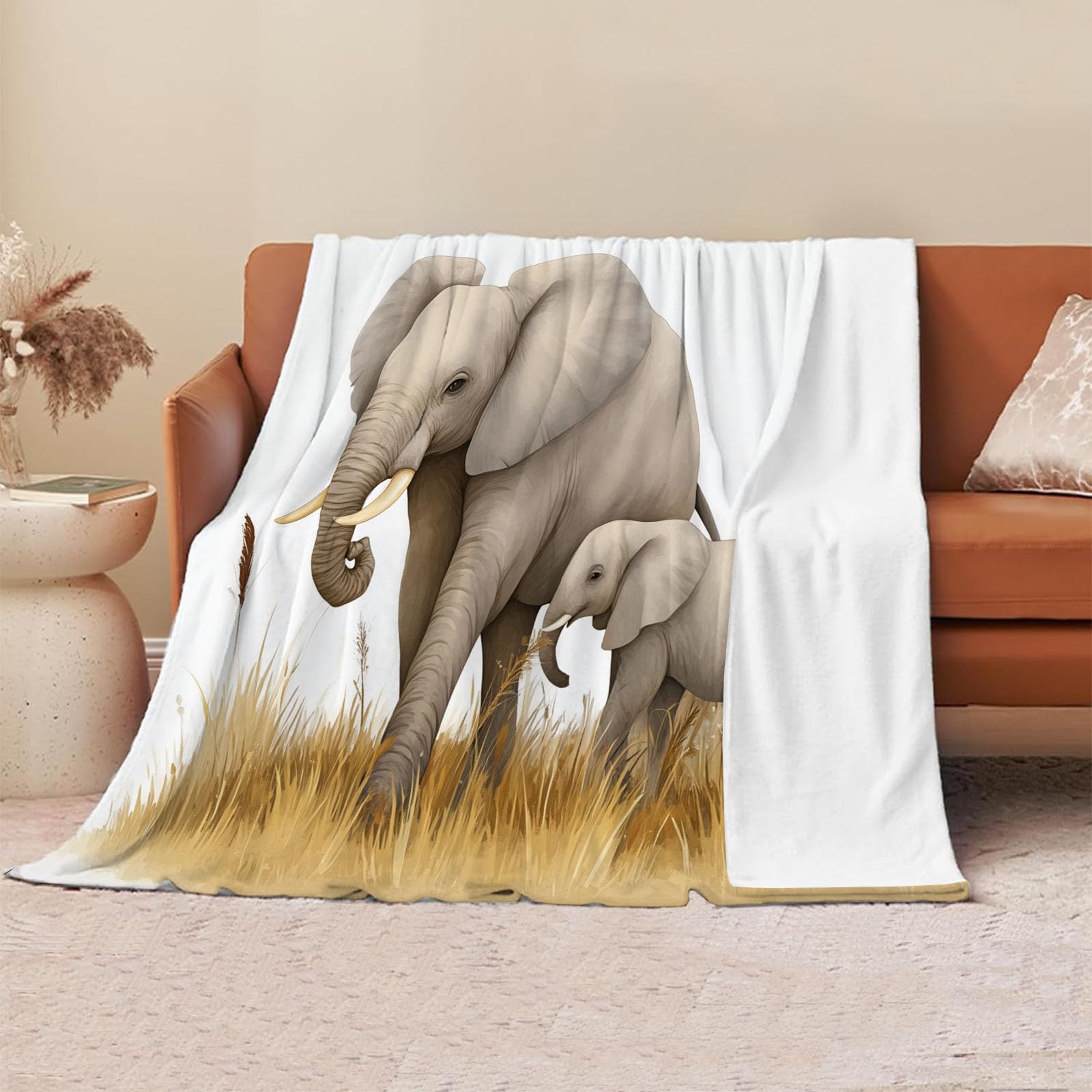 Couverture polaire flanelle éléphants 220x240cm jaune et gris
