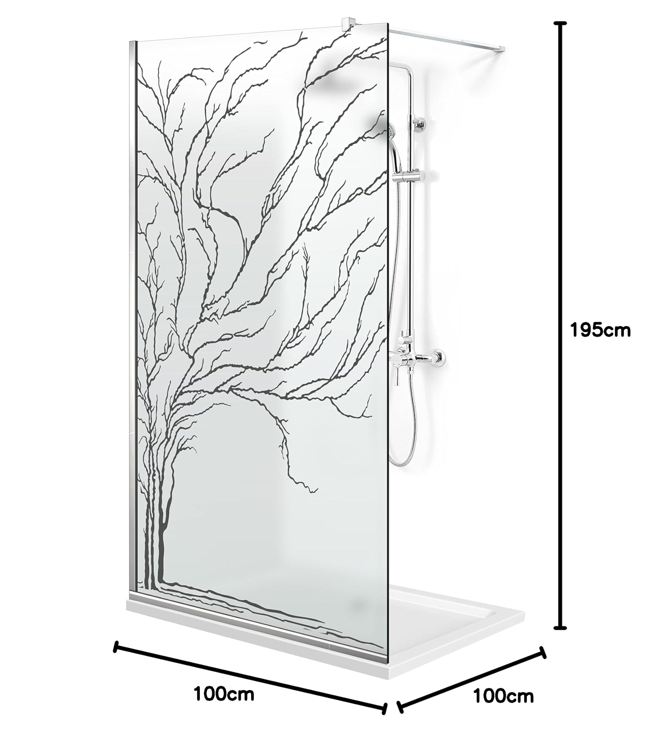 Aqua Roy Modell INOX Baum 100 cm ab 70/80/90/100/110/120 Walk in Duschabtrennung satinierte Glasscheibe 8 mm dunkelgrau Nano beschichtet sandgestrahltes Muster Edelstahl (100x195 cm)