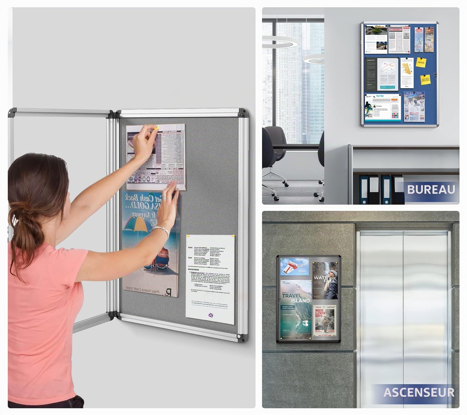 SWANCROWN Vitrine d'affichage Intérieur, 4 x A4, Tableau d'affichage mural | en tissu, Verrouillable, à 3 clés 16 punaises, cadre en aluminium, Panneau d'affichage pour bureaux immeuble magasin, 67x50cm