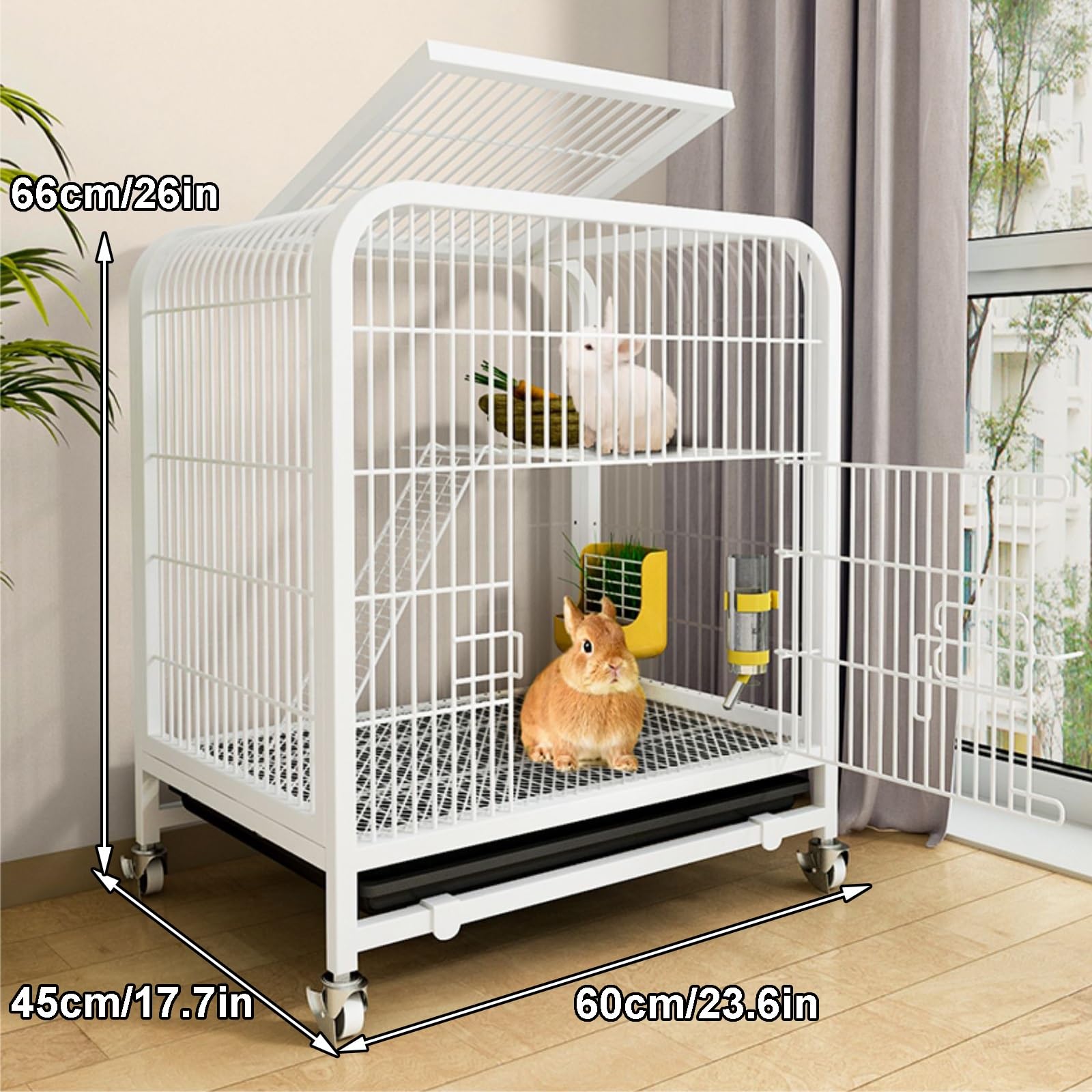 Jaula de conejo para interiores con bandejas extraíbles extra grandes y rueda universal de 360°, diseño de doble puerta, red de alambre de metal audaz