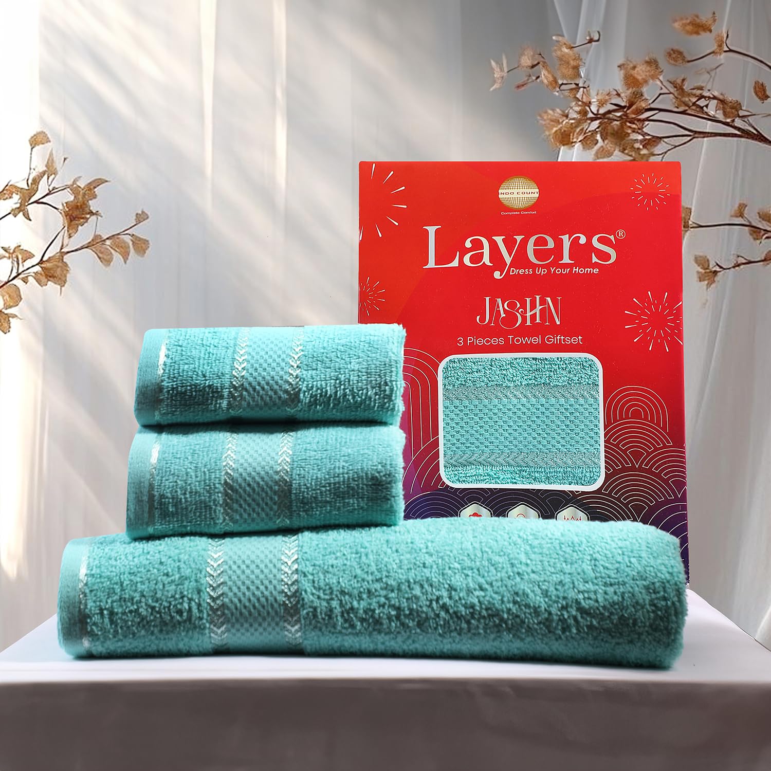 Layers 100% Cotton Towel Combo Set | 380 GSM Jashn Collection | Super Soft & Highly Absorbent | 1 Bath Towel + 2 Hand Towels for Men & Women (75x150 cm & 60x70 cm) - Blue-picture-31