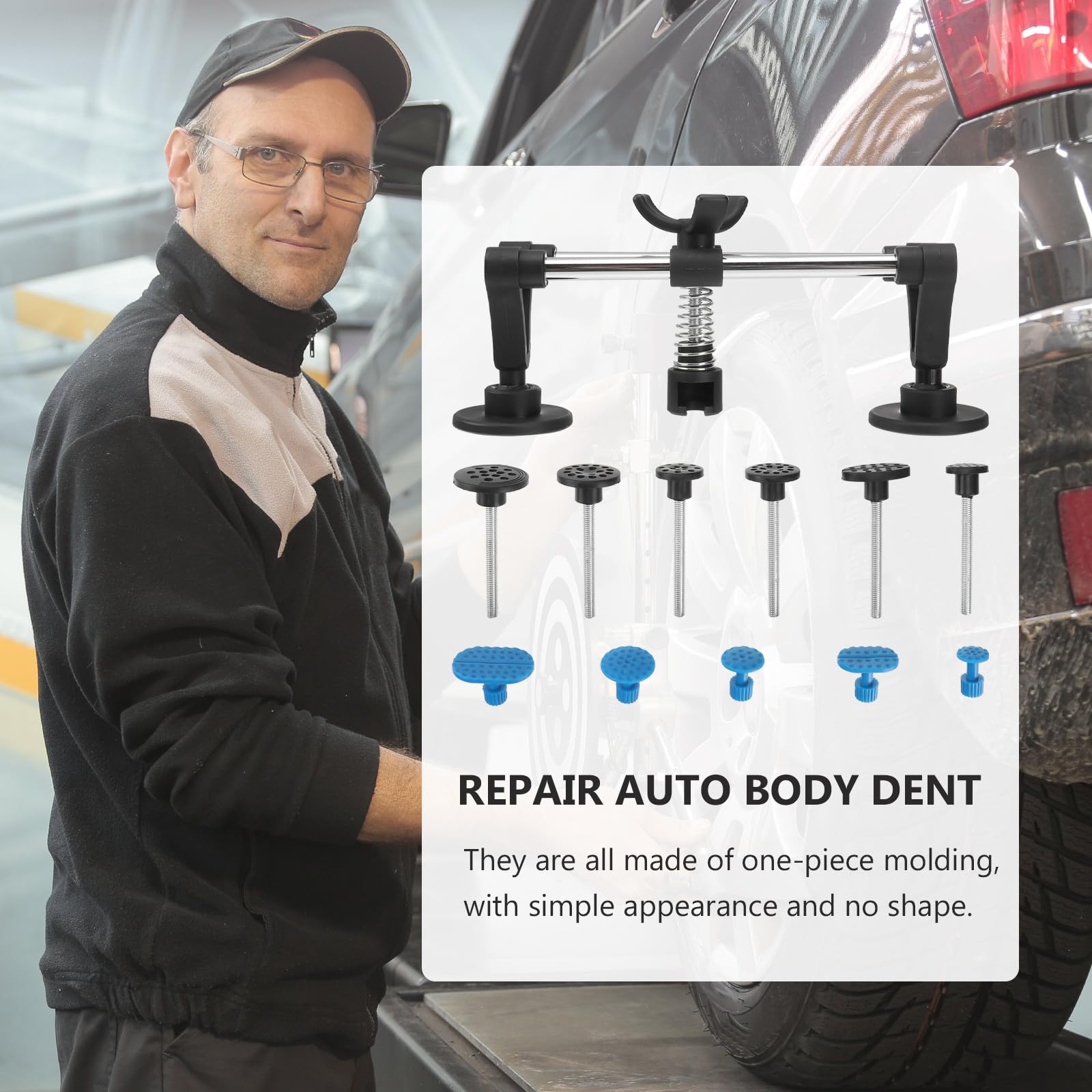 Ausbeulwerkzeug Satz für Autotür Dellen Reparatur aus Edelstahl und Abs mit 5 Schwarzen und 5 Blauen Pads für Lackfreie Blechreparatur im Heimwerkerbereich