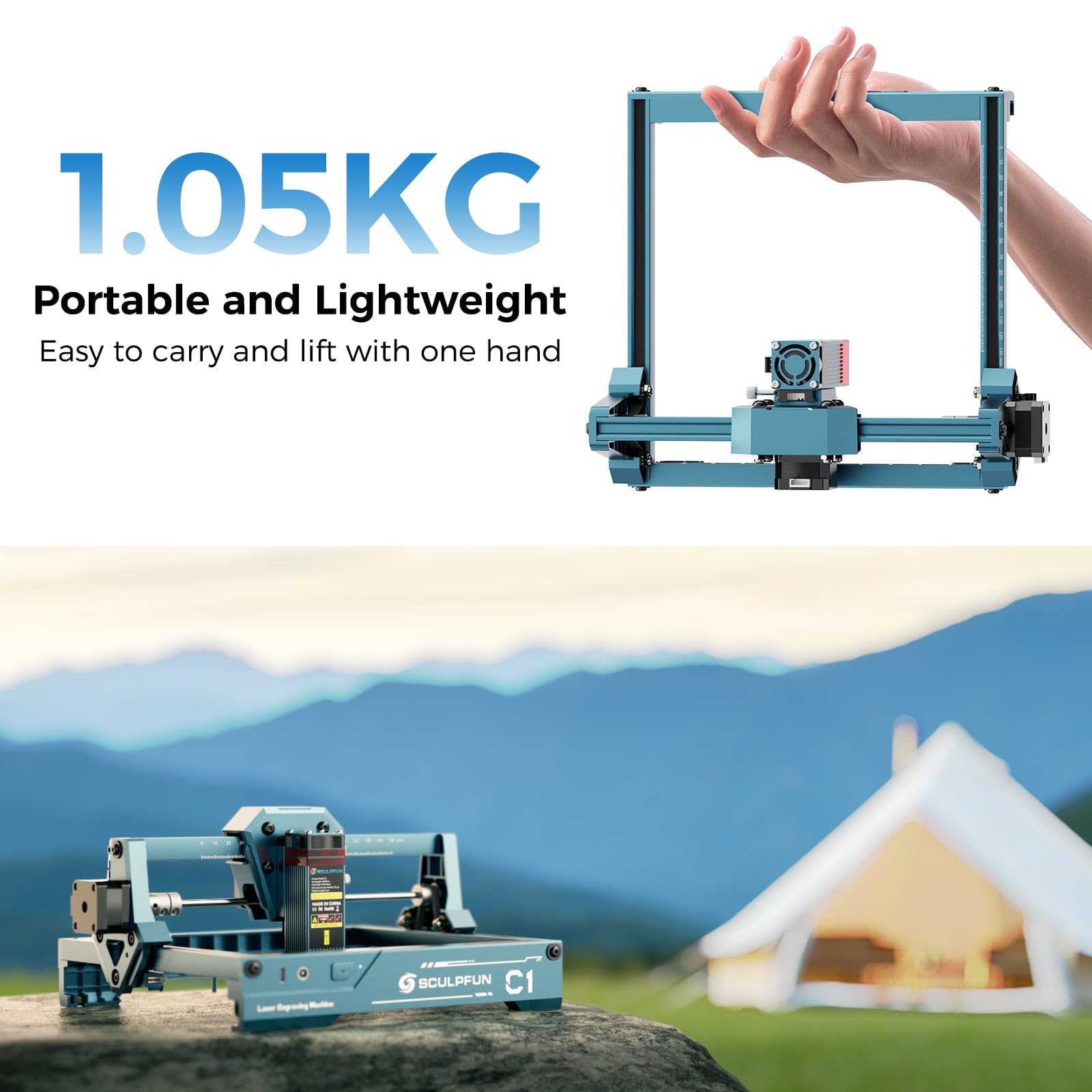 SCULPFUN Grabado láser C1 con rodillo giratorio láser RA Mini, máquina de grabado láser portátil de 3 W, grabado láser de alta precisión de 0,04 mm, rotación de 360 °, grabado cilíndrico