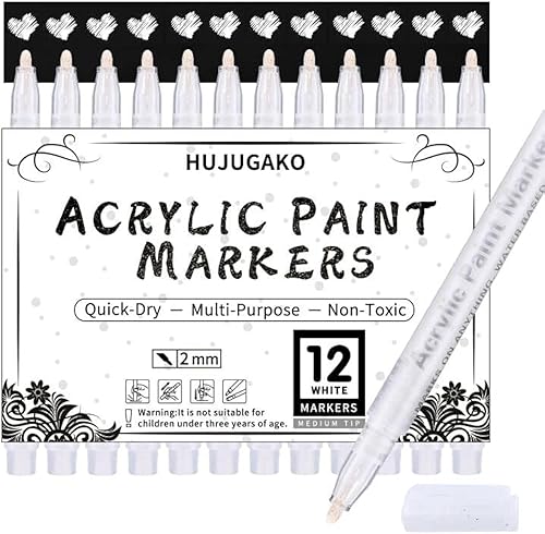 HUJUGAKO Bolígrafo de pintura blanca paquete de 12 marcadores de pintura acrílica para madera papel negro piedra lienzo vidrio metal cerámica
