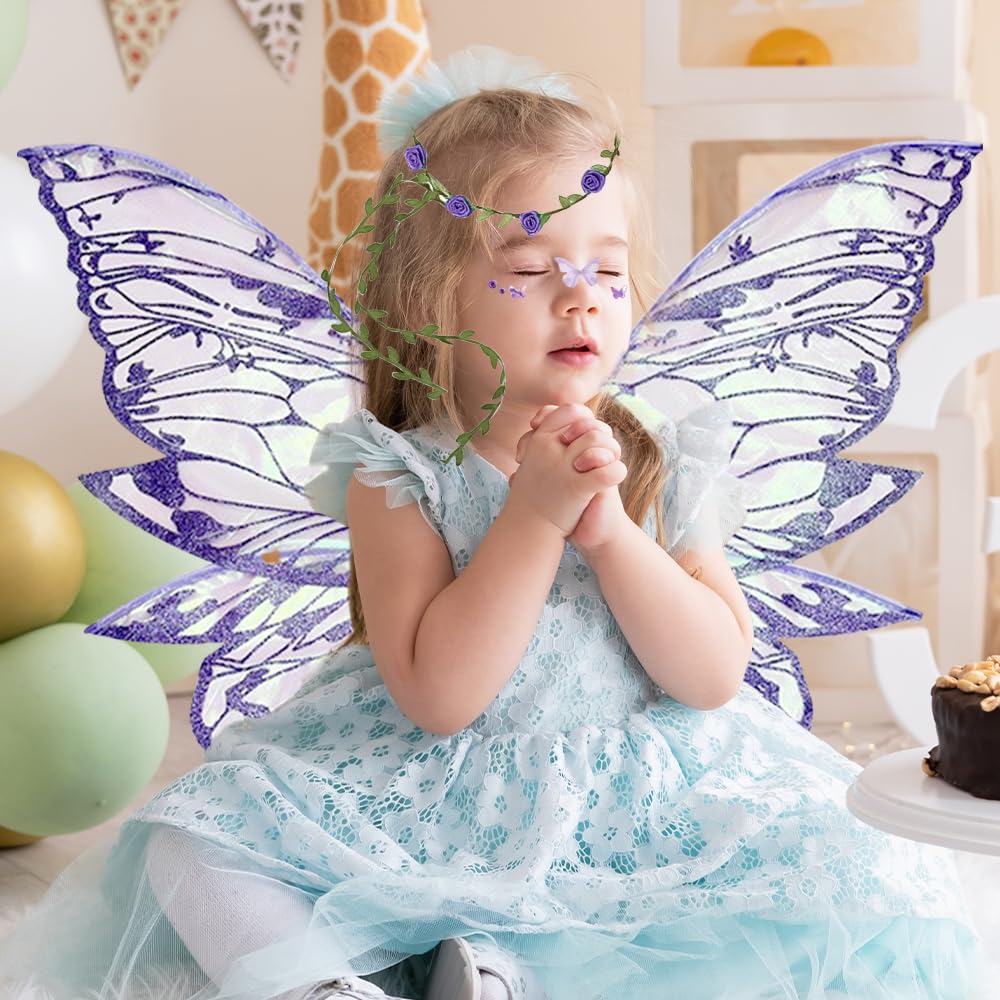 XEERUN Fairy Wings for Girls Women, Butterfly Wings for Adults, Butterfly Elf Dress up Set, Fairy Wand Crown Ears for Halloween Costume, Bride Flower Boy Accessories, Dress Up Cosplay Party (Purple) - Image 4