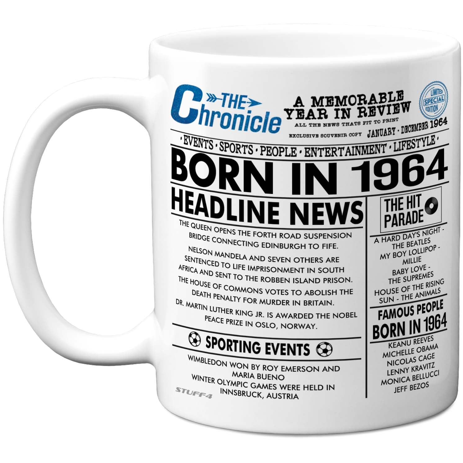 Stuff4 62nd Birthday Mug Gift for Men Women - Born in 1964 Newspaper - Happy 62 Birthday Gifts for Grandad Grandma Nan Vintage Retro Back in 1964 Age 62 Bday, 11oz Ceramic Coffee Mugs